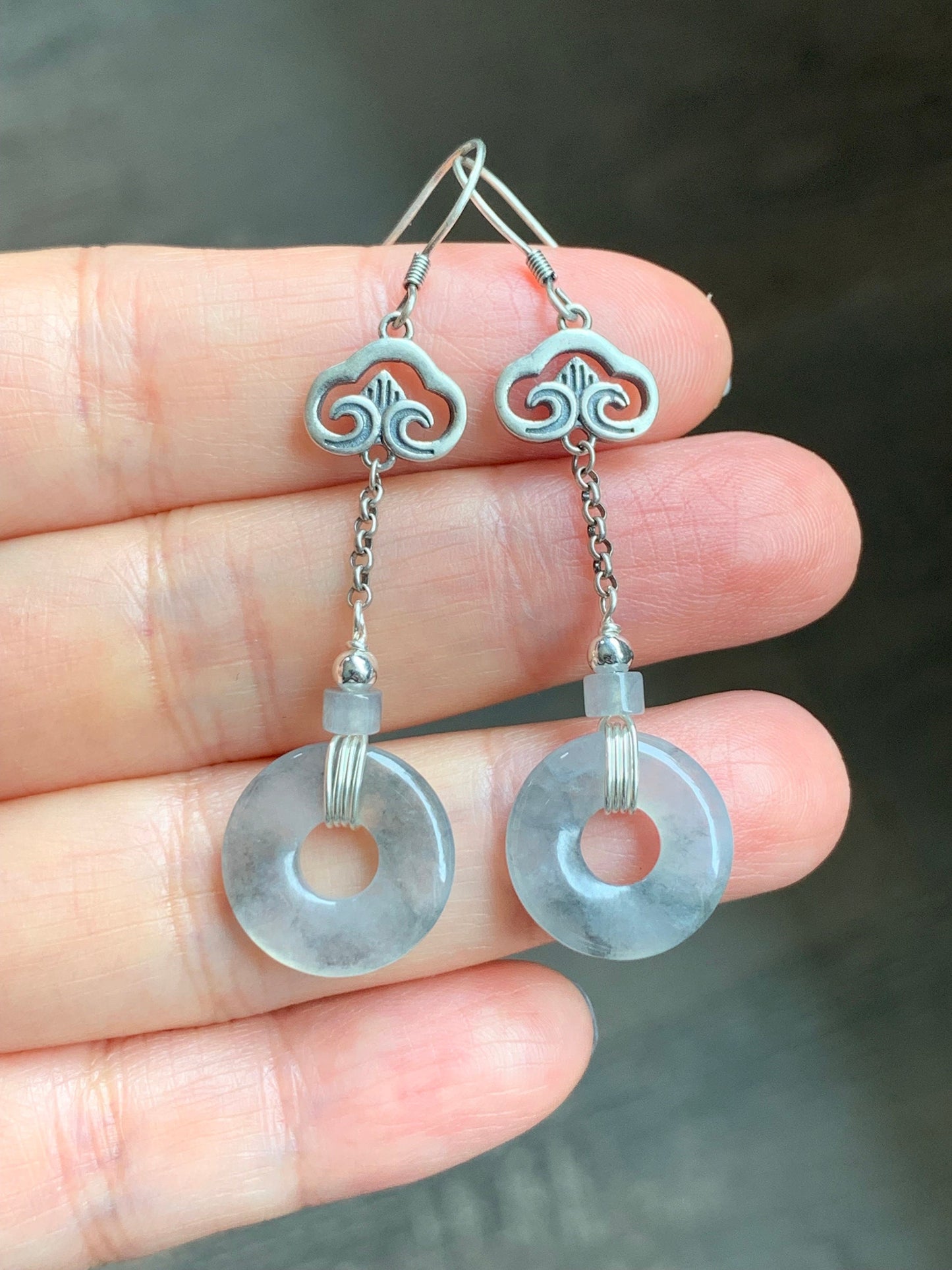Natural Burmese Icy Translucent Gelatinous Wuji Jadeite Ping An Kou Donut Dangle Earrings Retro Style 925 Sterling Silver 天然缅甸A货冰胶乌鸡翡翠平安扣银耳吊