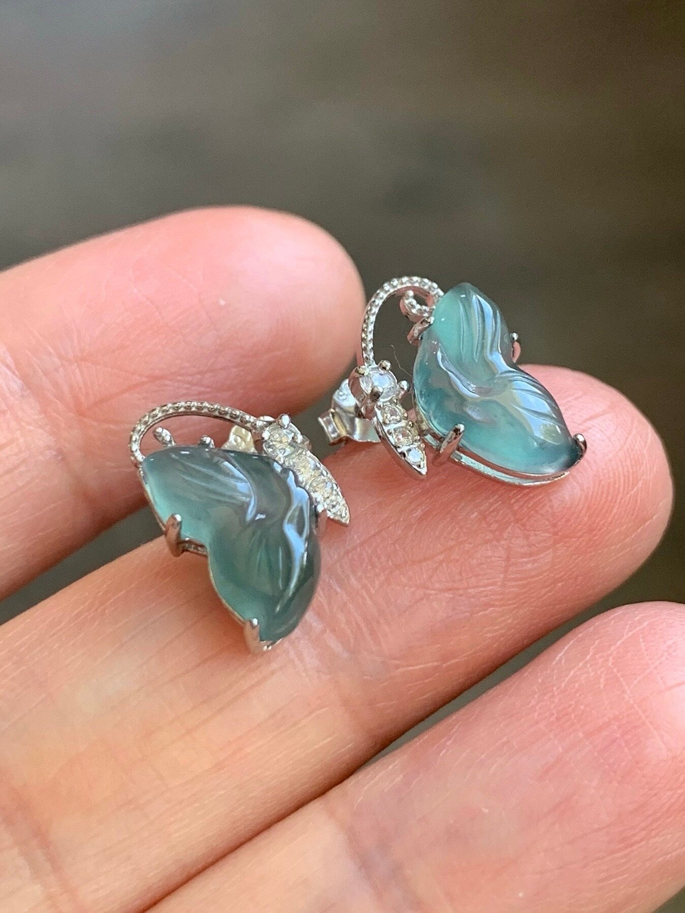 Natural Guatemalan Grade A Icy Translucent Dusty Teal Blue Jadeite Butterfly Style Stud Earrings S925 Sterling Silver 天然冰危蓝绿翡翠蝴蝶镶嵌耳钉