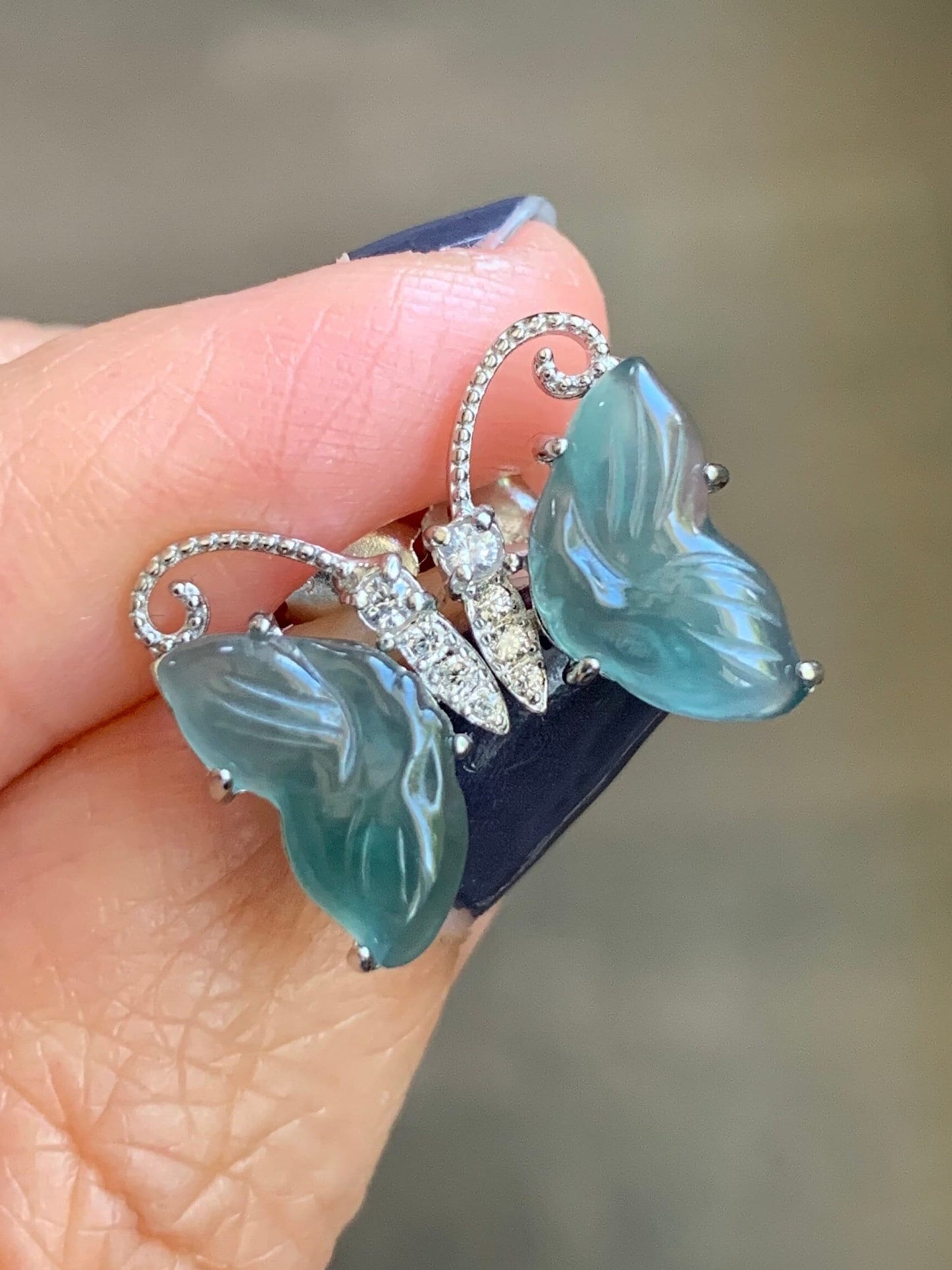 Natural Guatemalan Grade A Icy Translucent Dusty Teal Blue Jadeite Butterfly Style Stud Earrings S925 Sterling Silver 天然冰危蓝绿翡翠蝴蝶镶嵌耳钉