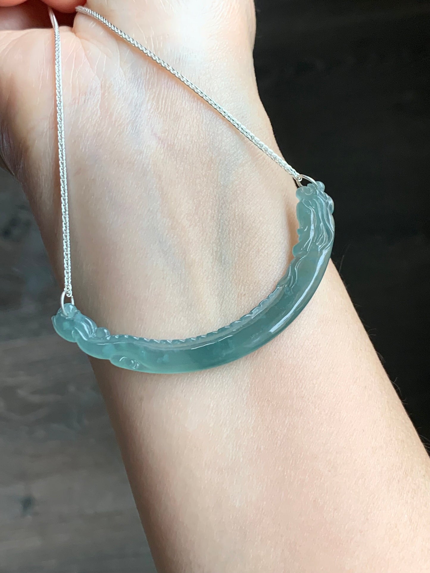 Natural Guatemalan Icy Highly Translucent Light Teal Blue Dragon Crescent Pendant 999 Sterling Silver Necklace 20” 天然起冰起光危晴蓝翡翠仿古龙玉横足银项链