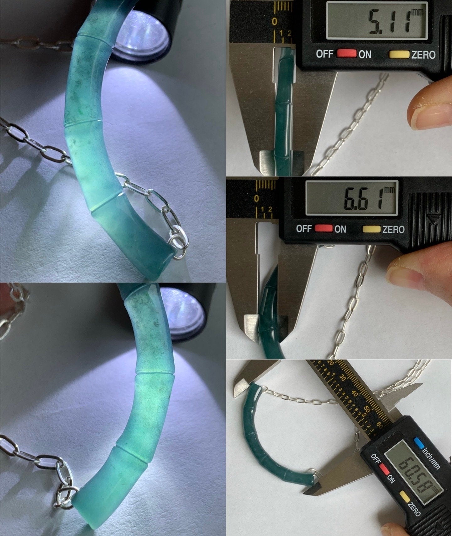 Natural Guatemalan Icy Translucent Deep Blue Jadeite Bamboo Crescent Pendant 999 Sterling Silver Necklace 20” Adjustable 天然冰胶危料深蓝水翡翠竹节玉横足银项链