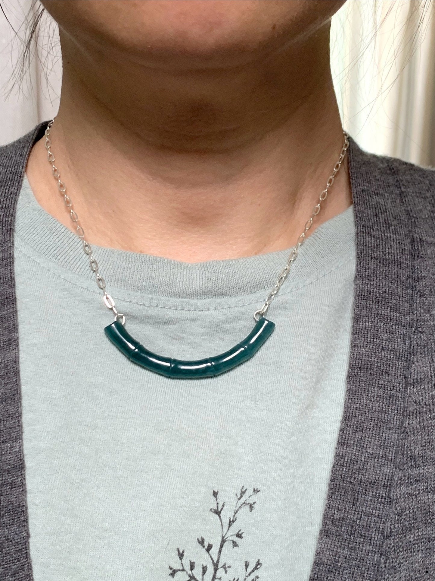 Natural Guatemalan Icy Translucent Deep Blue Jadeite Bamboo Crescent Pendant 999 Sterling Silver Necklace 20” Adjustable 天然冰胶危料深蓝水翡翠竹节玉横足银项链