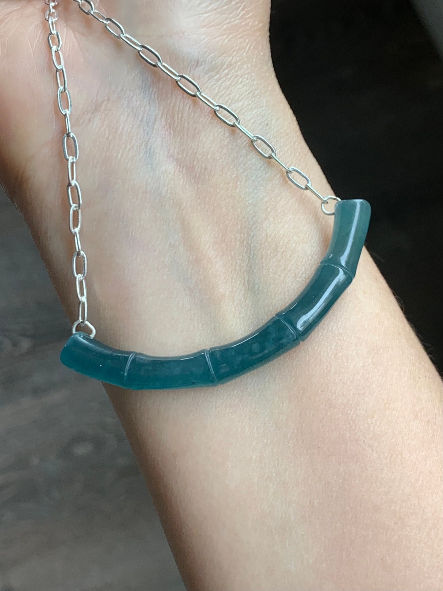 Natural Guatemalan Icy Translucent Deep Blue Jadeite Bamboo Crescent Pendant 999 Sterling Silver Necklace 20” Adjustable 天然冰胶危料深蓝水翡翠竹节玉横足银项链