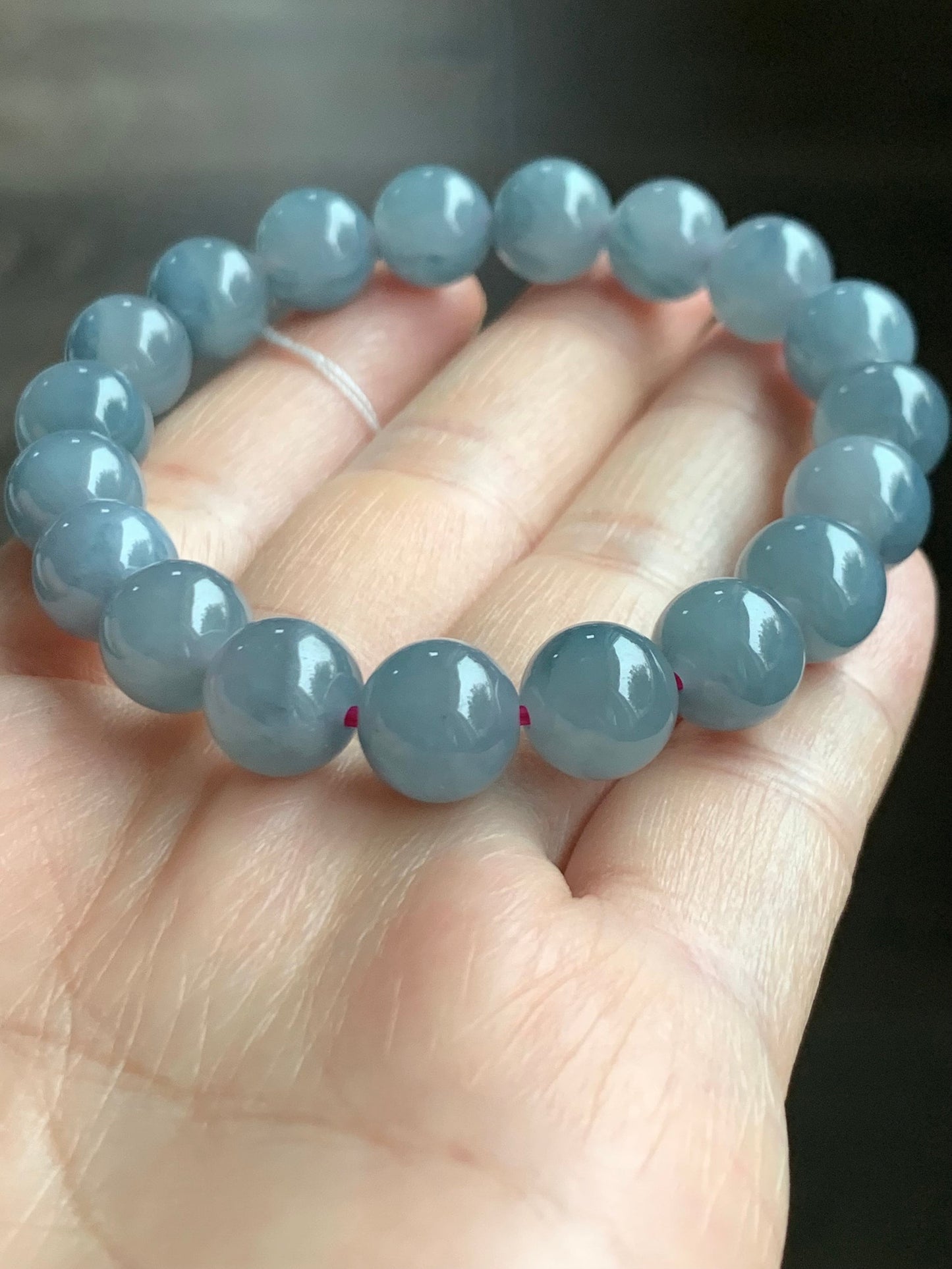Certified Natural Guatemalan Icy Highly Translucent Dusty Purplish Blue Jadeite Beaded Bracelet 9.6mm 6.75” 30.06g 天然老种冰危蓝紫飘花翡翠圆珠手串 1496