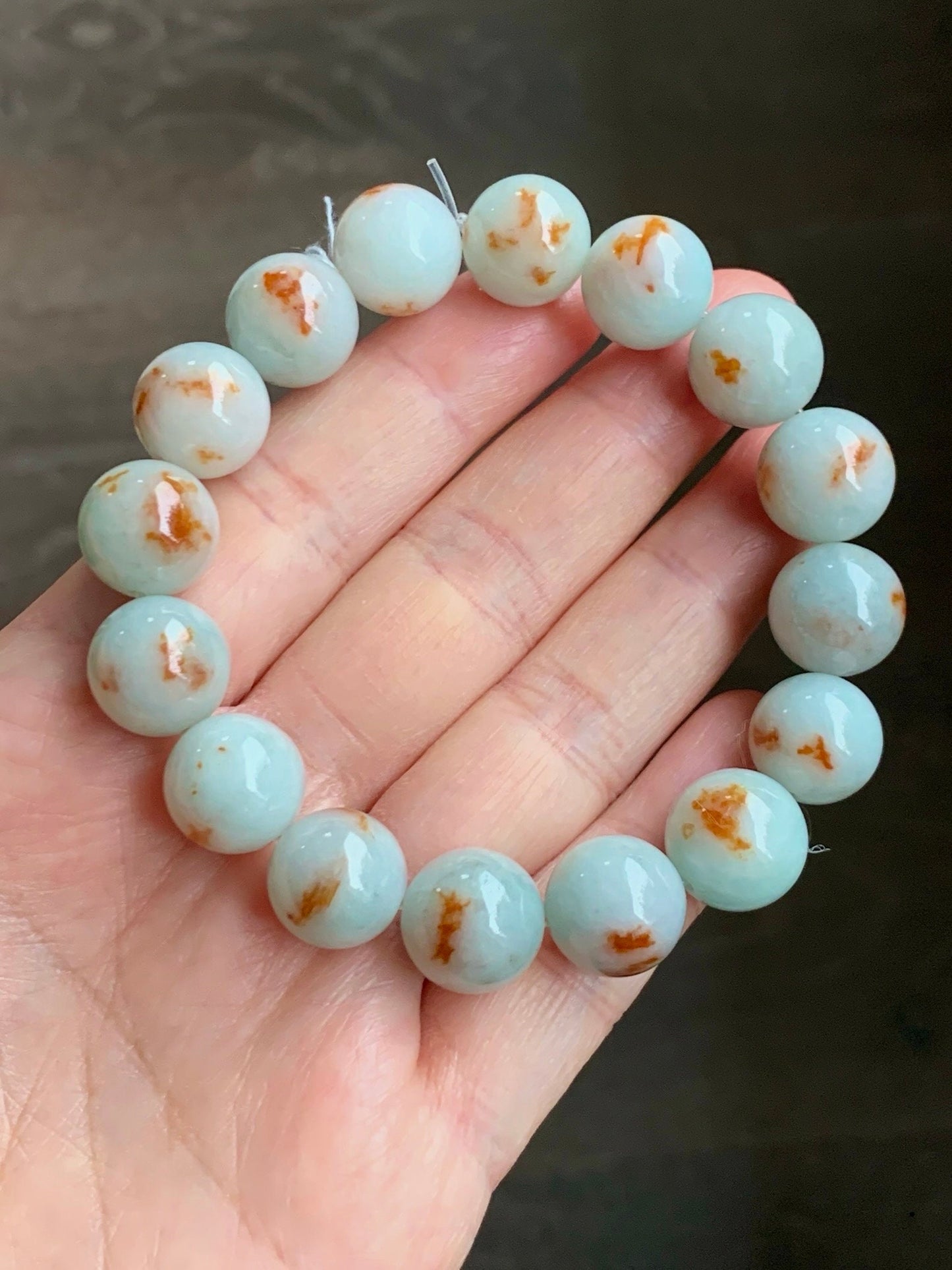 Certified Natural Burmese Icy Red Marbled Jadeite Large Beads Mala Beaded Bracelet Stretchy 12.6mm 7.25” 56.49 天然缅甸糯种晴底飘红花翡翠大卡手串 1503