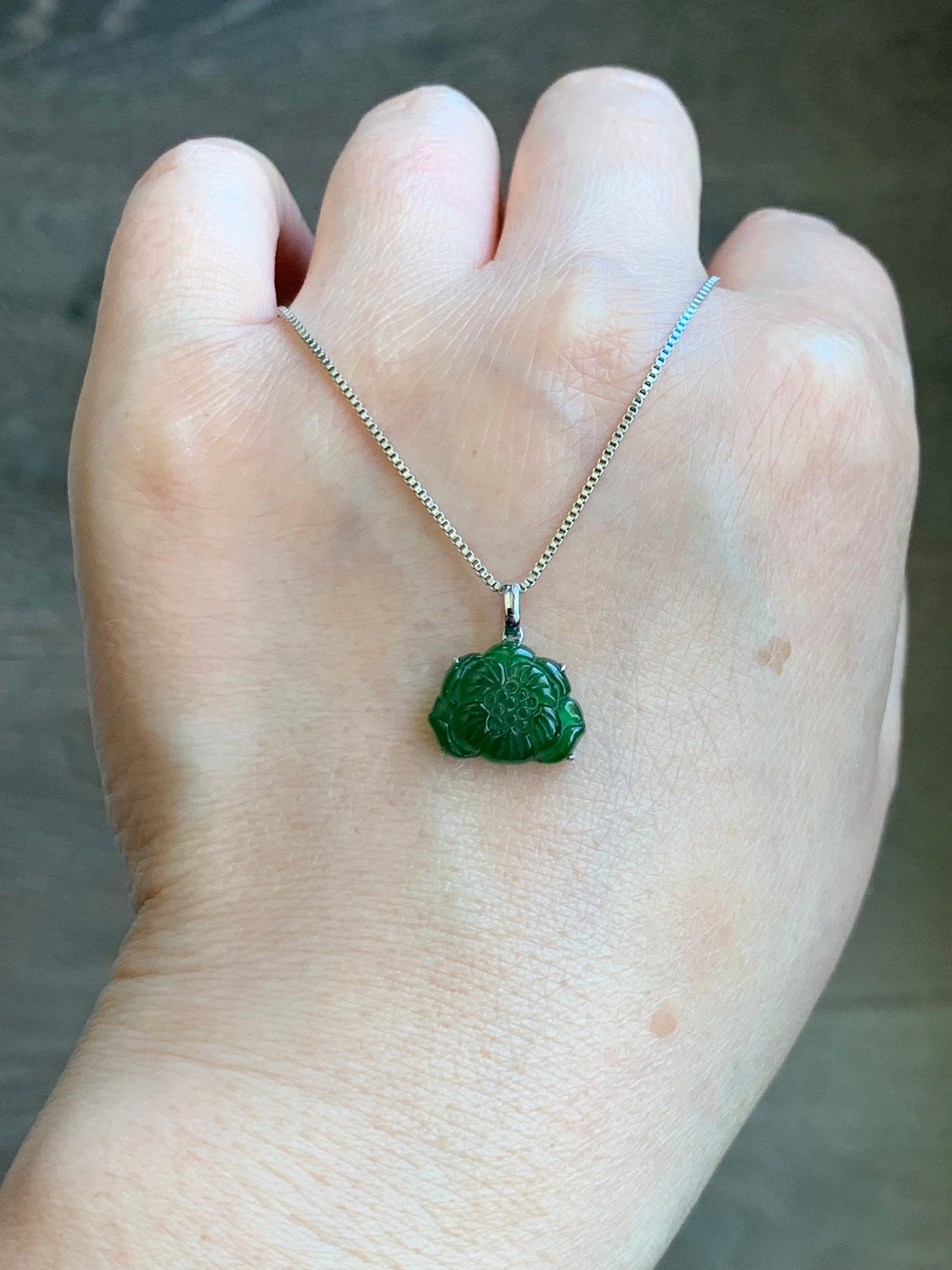 Certified Natural Guatemalan Icy Highly Translucent Green Jadeite Carved Lotus Flower Petite Pendant 18K White Gold 天然冰透危绿翡翠荷花镶嵌吊坠 1450