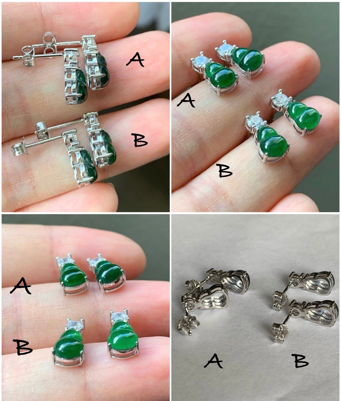 Natural Guatemalan Icy Translucent Green Jadeite Gourd Hulu Stud Earrings S925 Sterling Silver Yellow Gold Overlay 天然冰危绿翡翠葫芦银镶耳钉