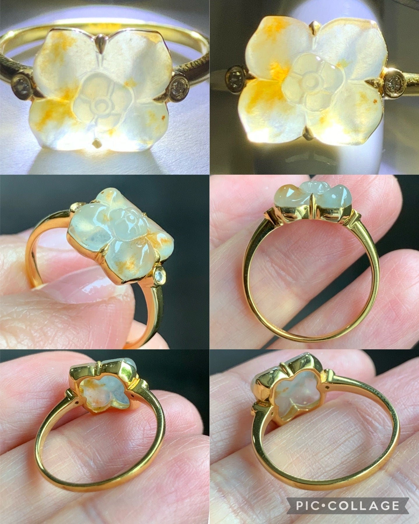 Certified Natural Burmese Icy Highly Translucent Light Yellow Cognac Marbled Jadeite Flower Ring 18K Yellow Gold Sz 7.25 天然缅甸冰糖黄撒金翡翠钻石镶嵌戒指