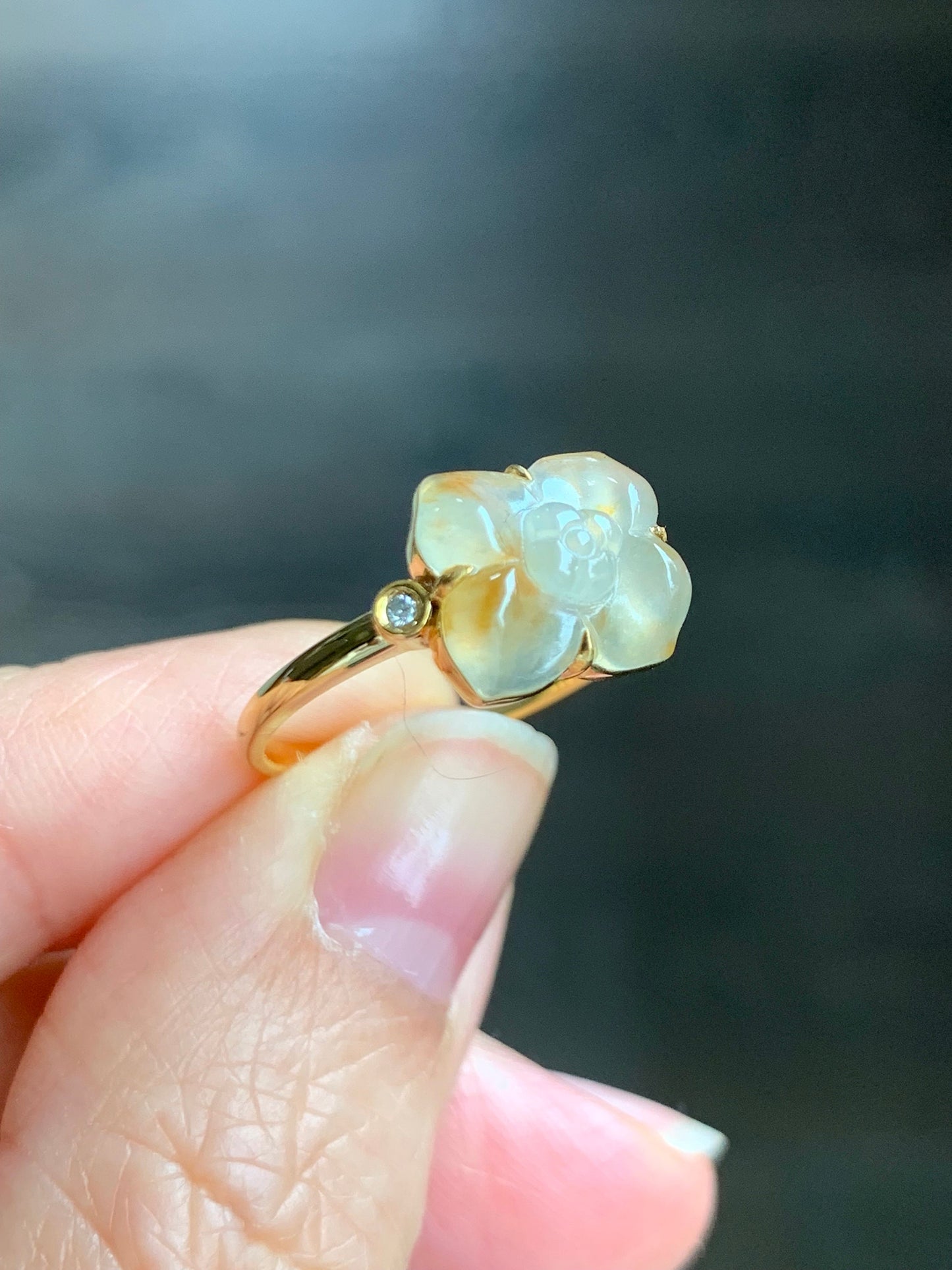 Certified Natural Burmese Icy Highly Translucent Light Yellow Cognac Marbled Jadeite Flower Ring 18K Yellow Gold Sz 7.25 天然缅甸冰糖黄撒金翡翠钻石镶嵌戒指