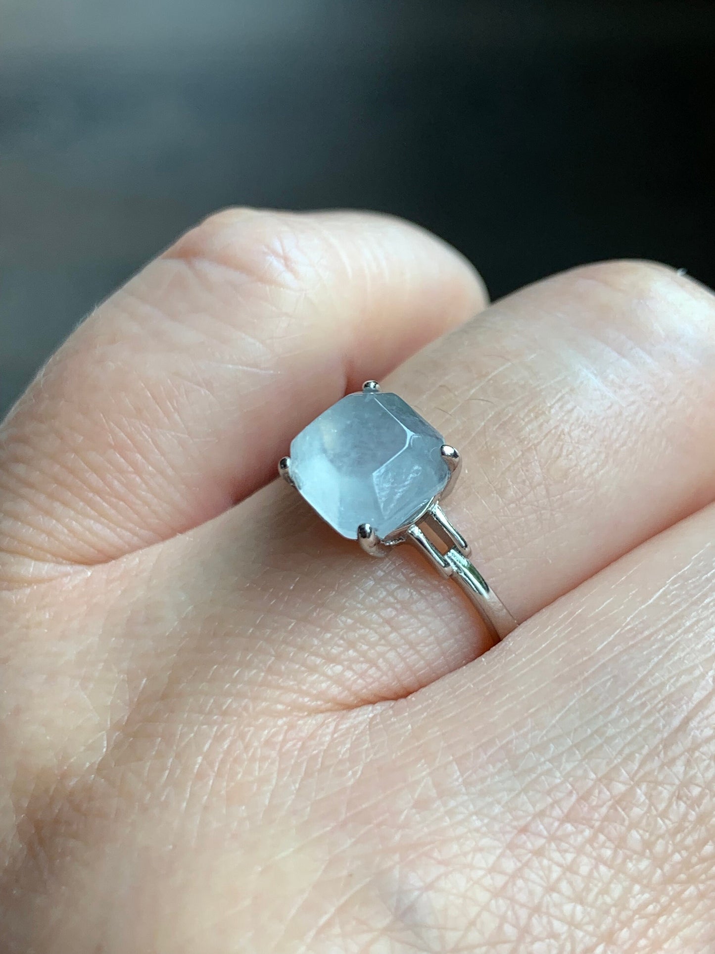 Stunning Natural Burmese Garde A Icy White Highly Translucent Faceted Jadeite Ring S925 Sterling Silver Adjustable 天然缅甸正白冰切割面翡翠银镶戒指 MBQ78