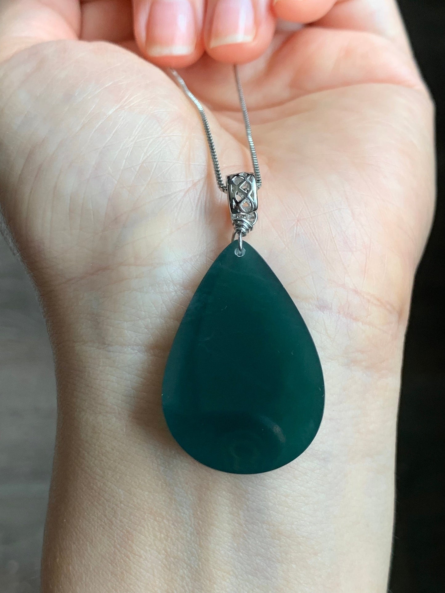Natural Guatemalan Icy Translucent Gelatinous Intense Teal Blue Jadeite Teardrop Wu Shi Pai Pendant Sterling Silver Bail 19g 天然冰危湖水蓝翡翠素面水滴吊坠