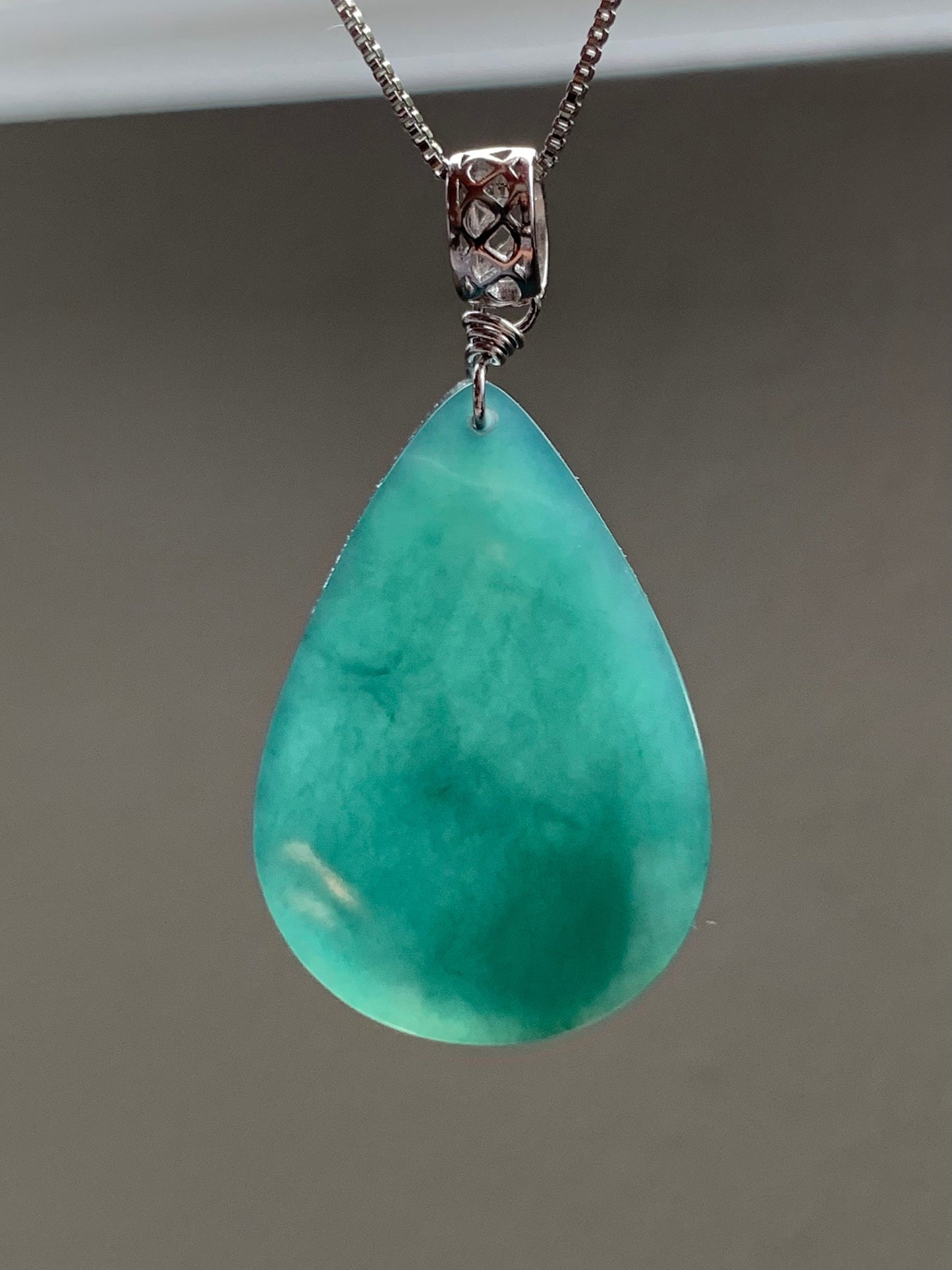 Natural Guatemalan Icy Translucent Gelatinous Intense Teal Blue Jadeite Teardrop Wu Shi Pai Pendant Sterling Silver Bail 19g 天然冰危湖水蓝翡翠素面水滴吊坠
