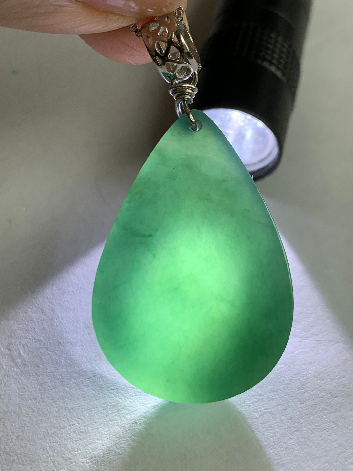 Natural Guatemalan Icy Translucent Gelatinous Intense Teal Blue Jadeite Teardrop Wu Shi Pai Pendant Sterling Silver Bail 19g 天然冰危湖水蓝翡翠素面水滴吊坠