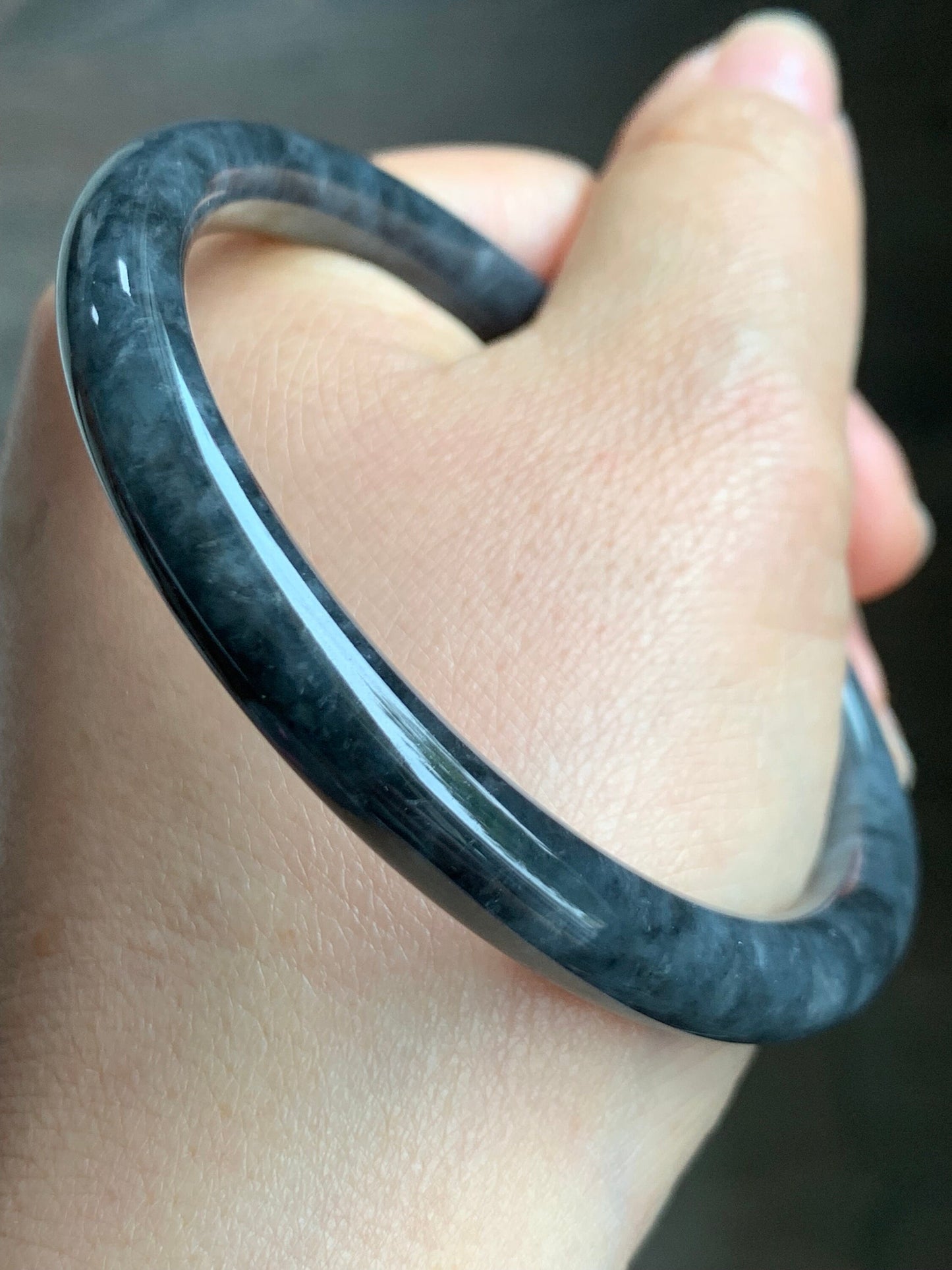 Certified Natural Burmese Icy Translucent Dark Wuji Jadeite Slim Bangle Bracelet 7.5x7.6mm 58mm 7" 30.58g 天然缅甸冰乌鸡翡翠圆条手镯 1490