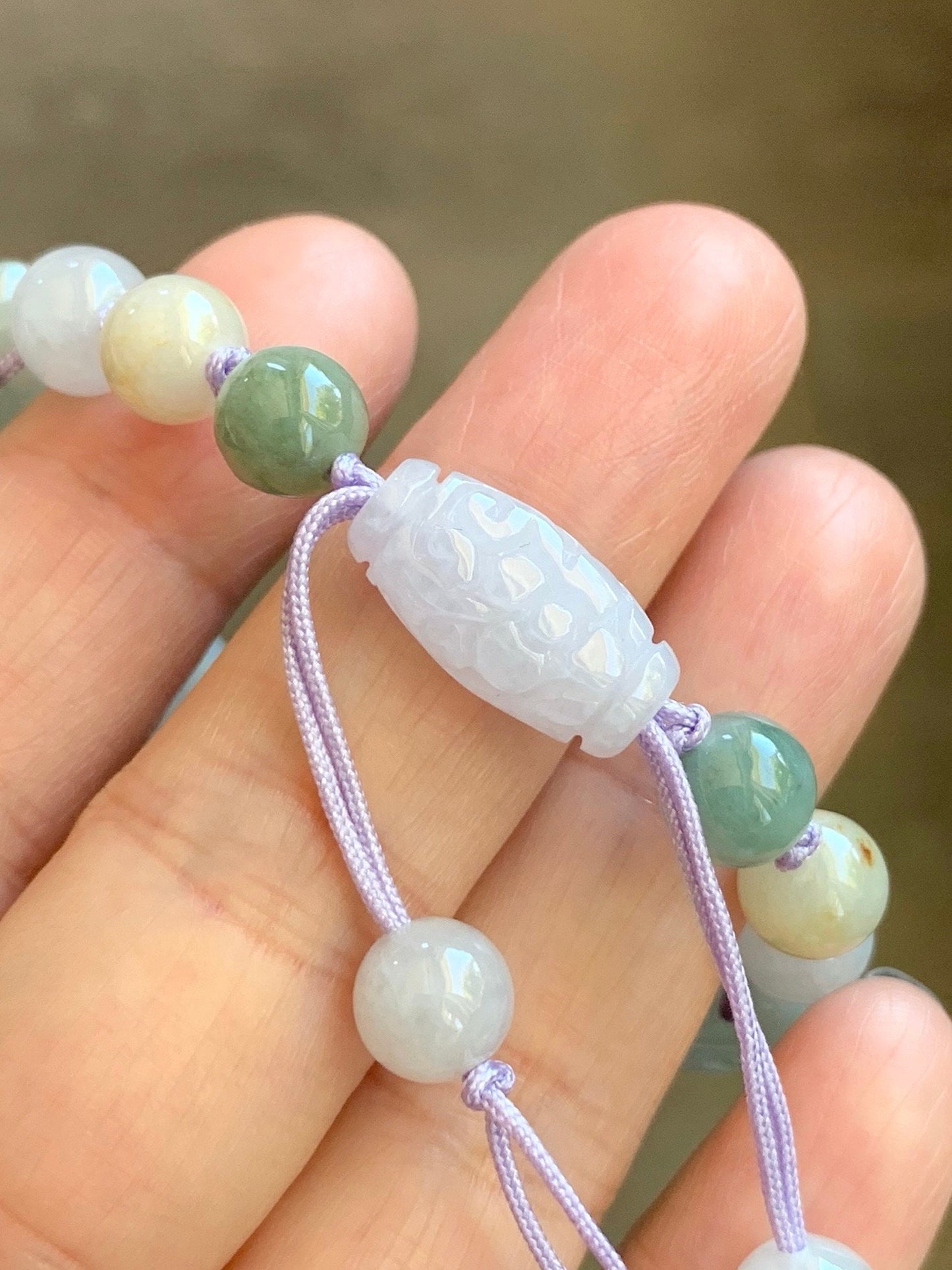 Natural Burmese Icy Translucent Light Purple Jadeite Half Bangle Bracelet w/ Beaded Security Chain 50.9mm 6.25" 25g 天然冰糯淡紫翡翠半镯手串