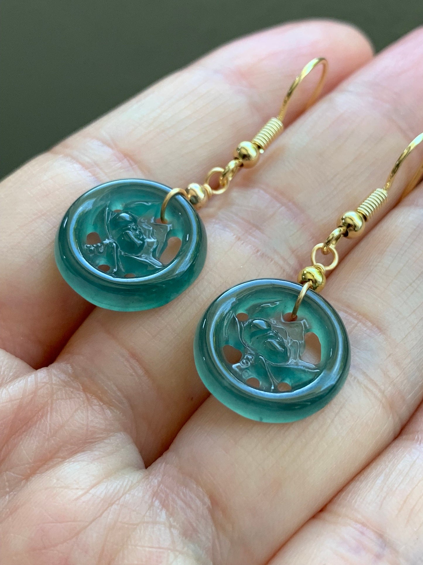 June Special! Natural Guatemalan Icy Highly Translucent Dark Teal Green Jadeite Lotus Flower Dangle Earrings 14K Gold Plated 天然冰危蓝绿翡翠莲花牌包金耳吊