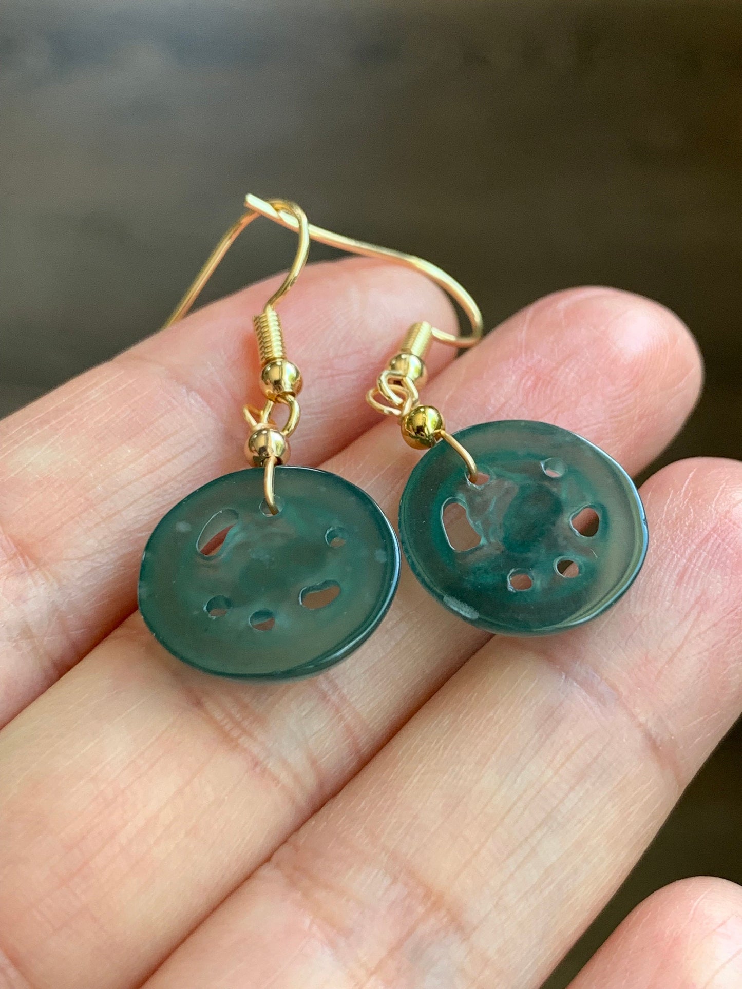 June Special! Natural Guatemalan Icy Highly Translucent Dark Teal Green Jadeite Lotus Flower Dangle Earrings 14K Gold Plated 天然冰危蓝绿翡翠莲花牌包金耳吊