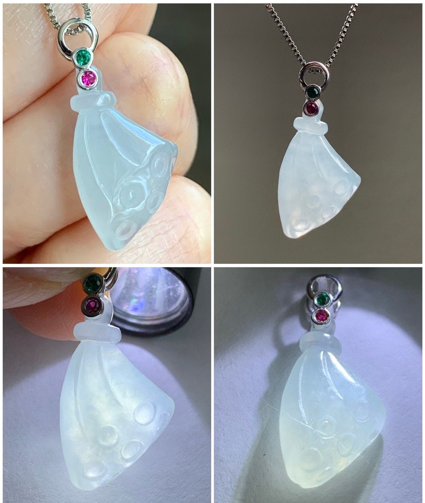 Certified Natural Burmese Icy Translucent Gelatinous White Jadeite Carved Lotus Pod Pendant 18K White Gold 天然缅甸白冰胶翡翠莲蓬镶嵌吊坠