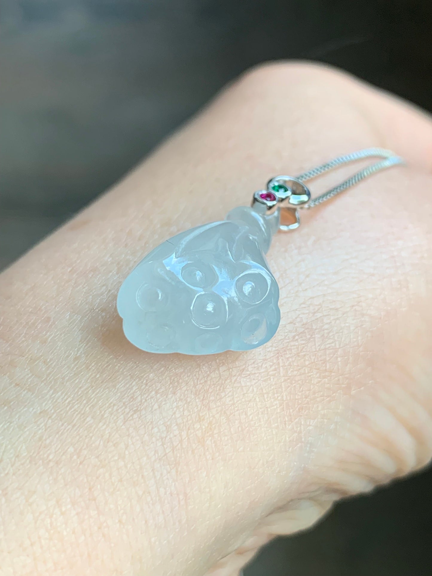 Certified Natural Burmese Icy Translucent Gelatinous White Jadeite Carved Lotus Pod Pendant 18K White Gold 天然缅甸白冰胶翡翠莲蓬镶嵌吊坠