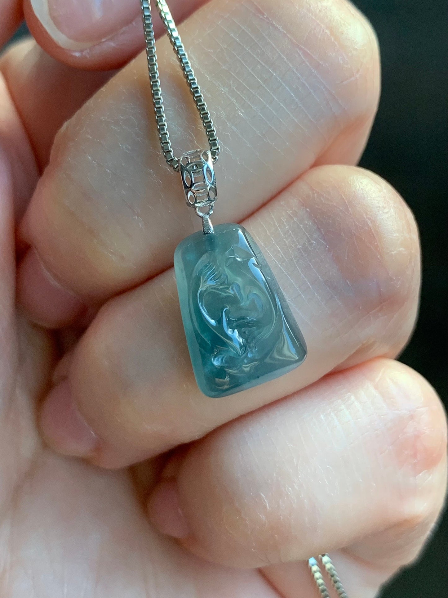 Petite Natural Guatemalan Premium Icy Highly Translucent Gelatinous Blue Jadeite Carved Double Fish Pendant 18K White Gold 天然冰胶危蓝水翡翠双鱼镶嵌吊坠