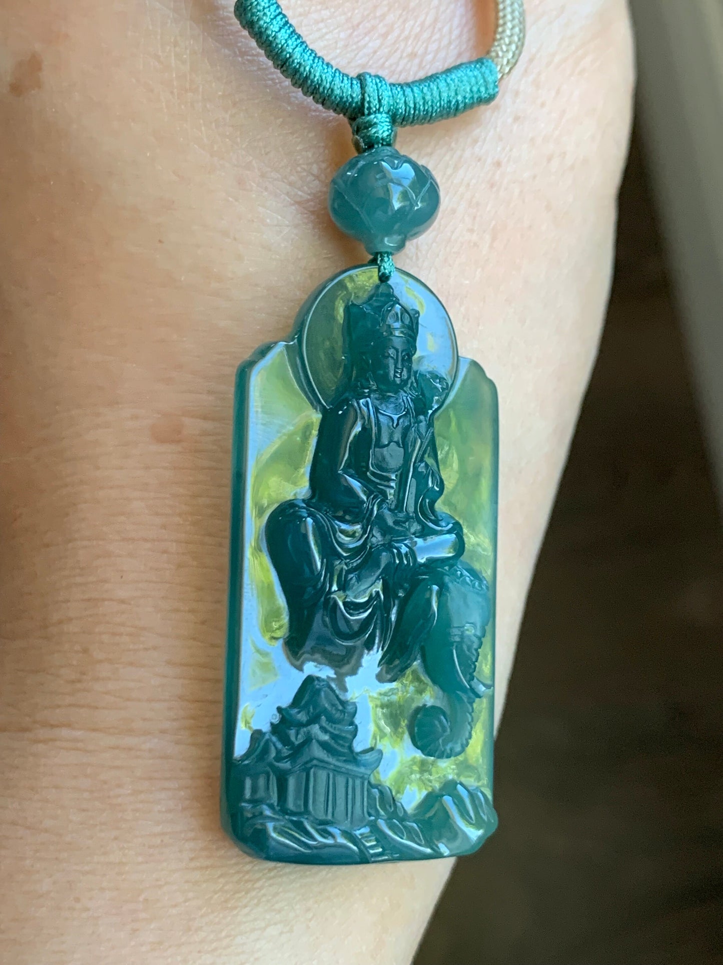 Natural Guatemalan Icy Translucent Teal Green Jadeite Puxian Samantabhadra Bodhisattva w/ Elephant Pendant Rope Necklace 天然冰胶危蓝绿翡翠普贤菩萨吊坠