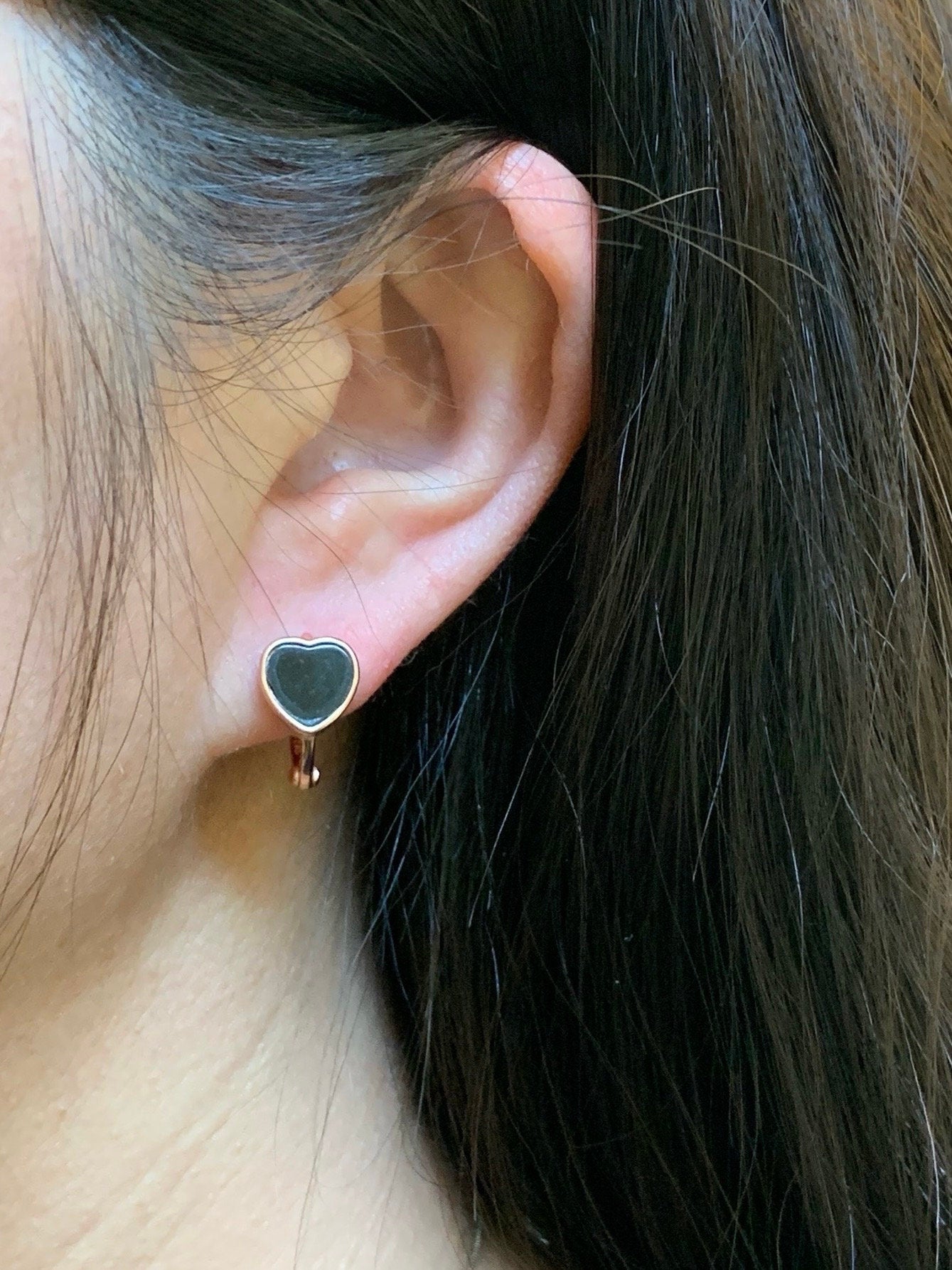 Natural Burmese Translucent Black Jadeite Heart Design Hoop Huggie Earrings S925 Sterling Silver Rose Gold Finish 3g 天然缅甸墨翠翡翠爱心银镶耳包