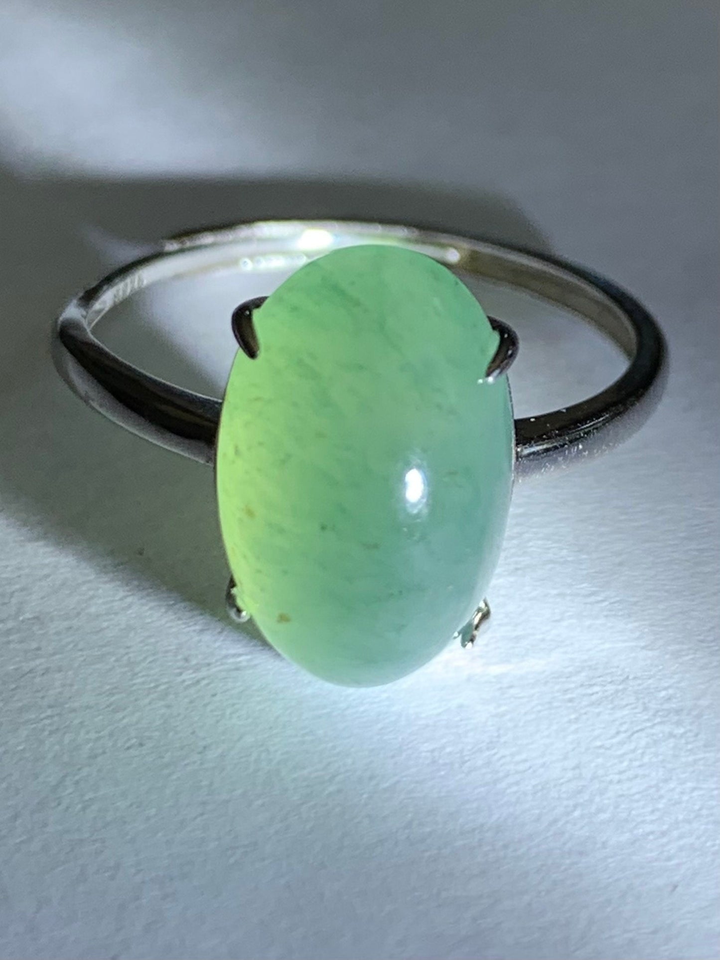 Natural Burmese Icy Translucent Gelatinous Light Green Jadeite Oval Cabochon Solitaire Ring Sterling Silver Adjustable 天然缅甸冰晴绿翡翠银镶戒指 MQ80