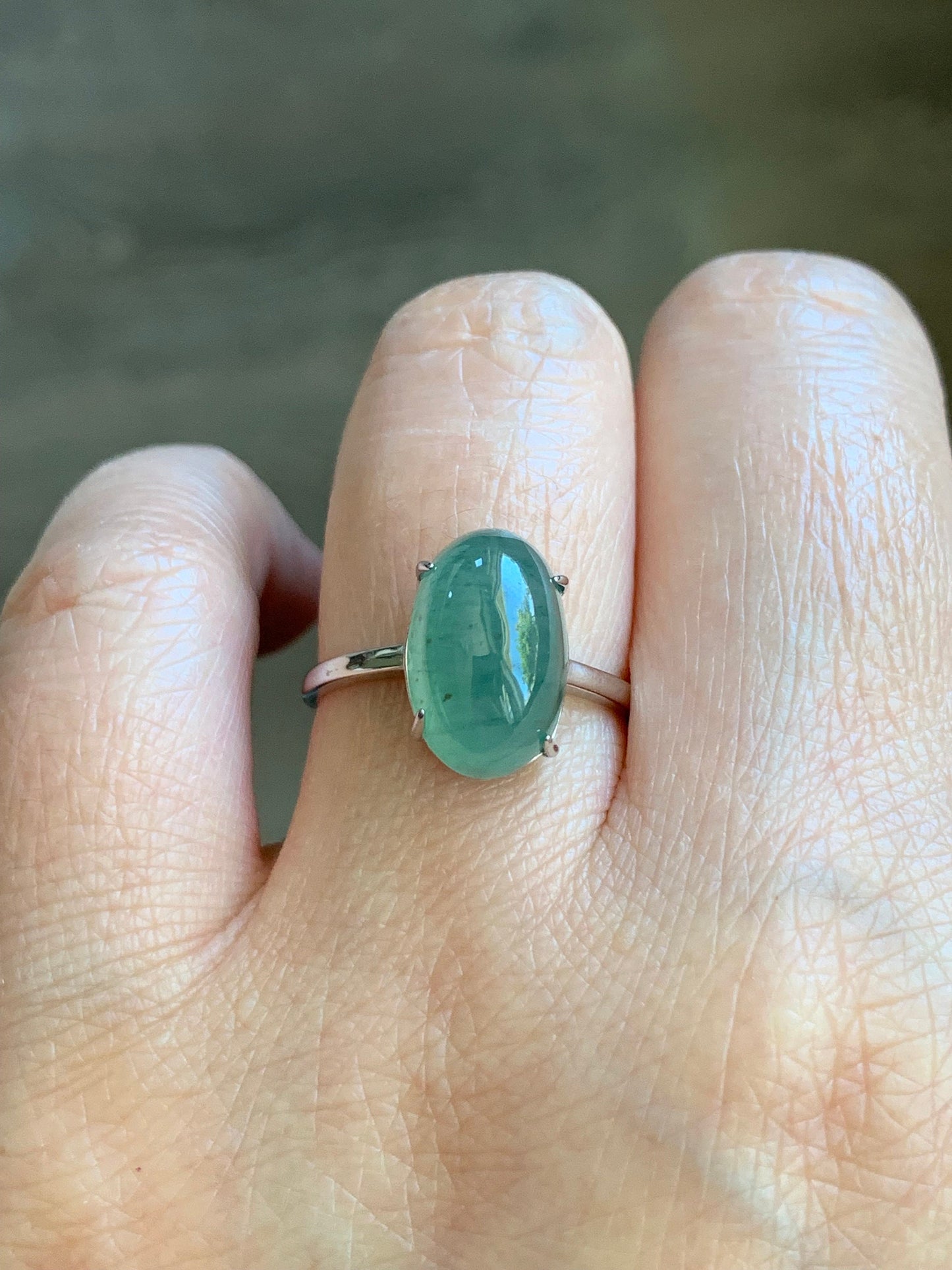 Natural Burmese Icy Translucent Gelatinous Light Green Jadeite Oval Cabochon Solitaire Ring Sterling Silver Adjustable 天然缅甸冰晴绿翡翠银镶戒指 MQ80