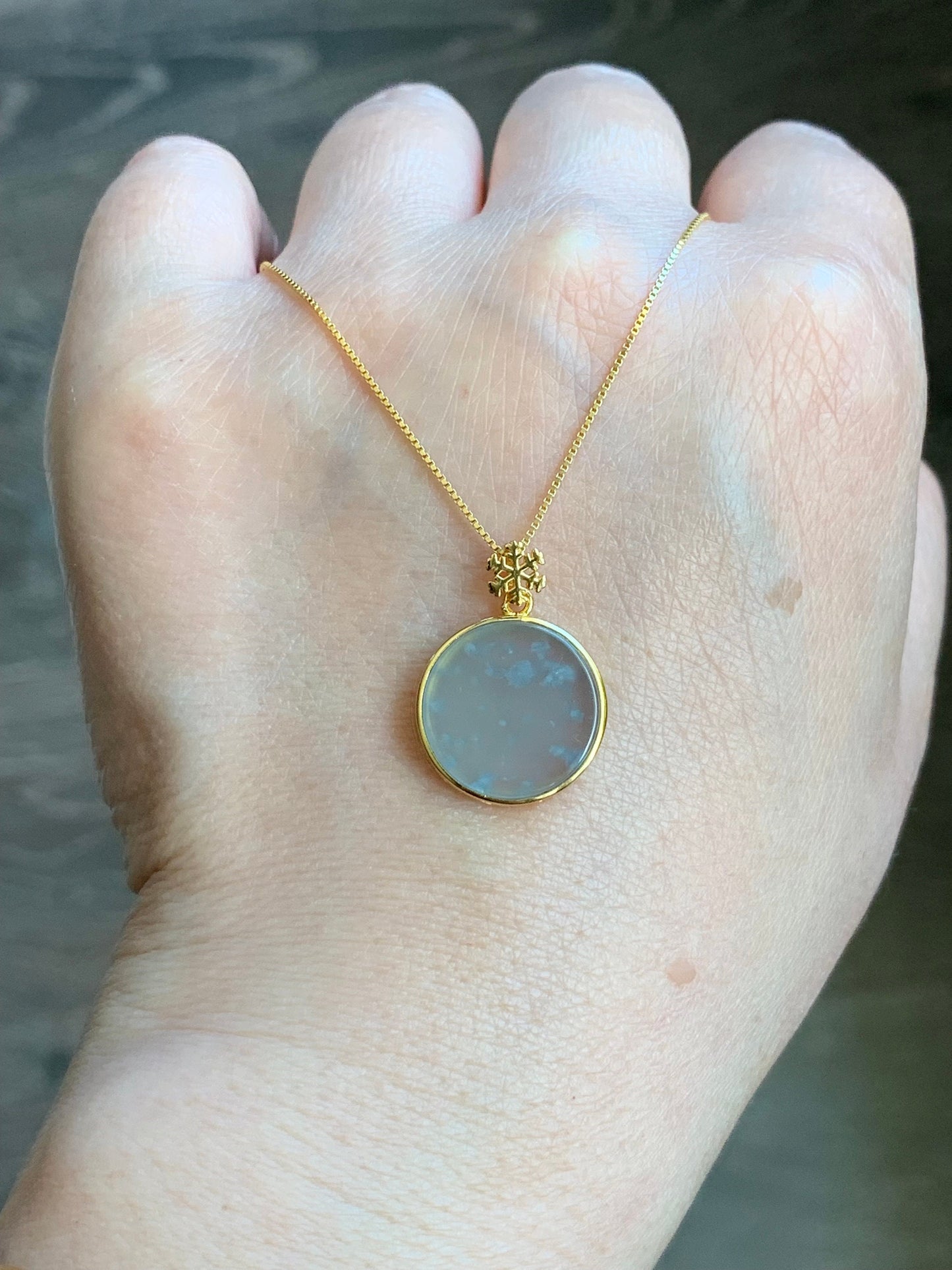 Natural Guatemalan Icy Highly Translation Light Blue Jadeite Round Wu Shi Pai Pendant Sterling Silver Yellow Gold Finish 天然冰危浅蓝翡翠无事牌镶嵌吊坠 B