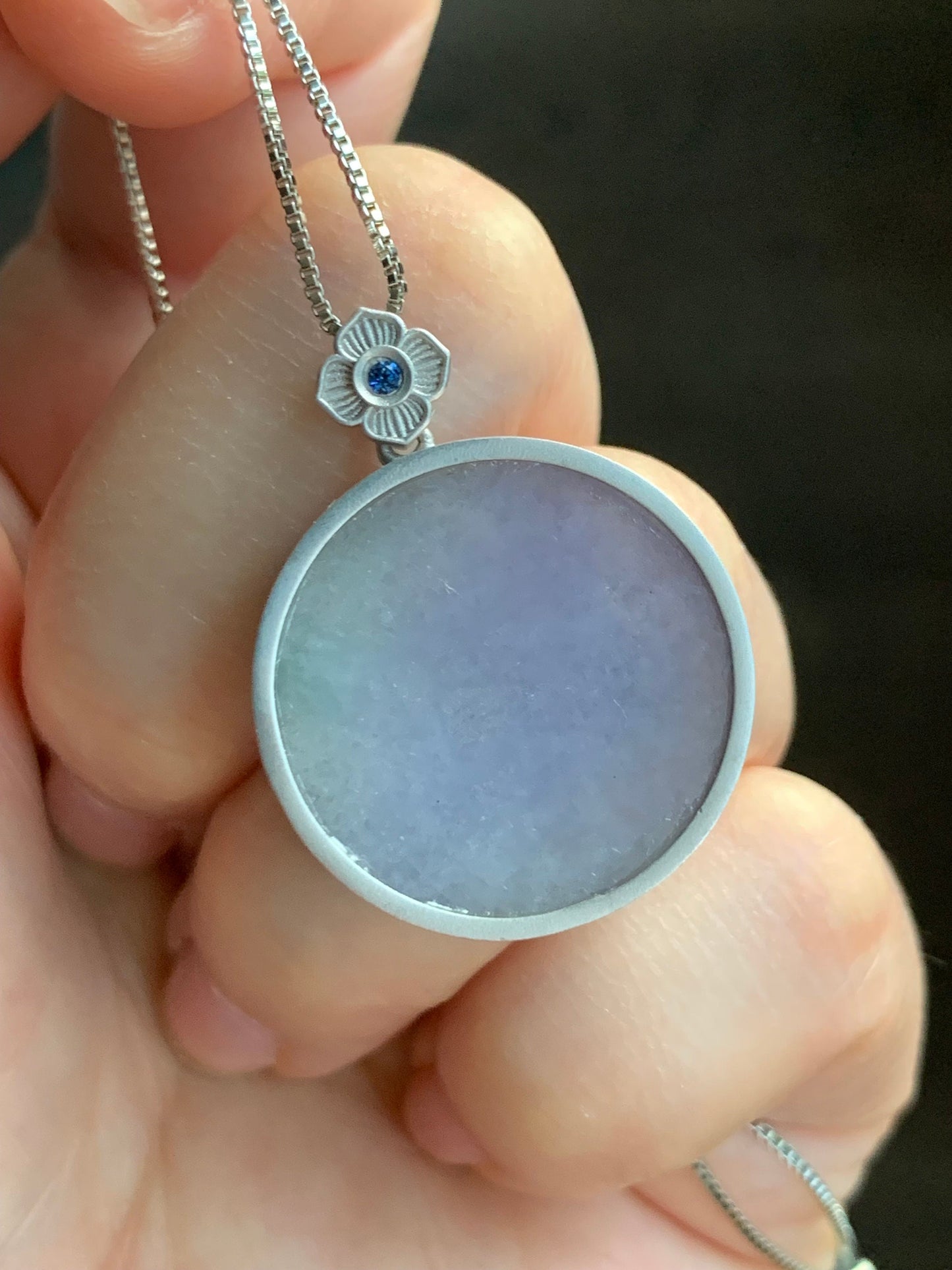 Certified Natural Burmese Grade A Untreated Light Purple Jadeite Pendant Sterling Silver w/ Blue Sapphire 8.42g 天然缅甸淡紫翡翠无事牌蓝宝石银镶吊坠 1666