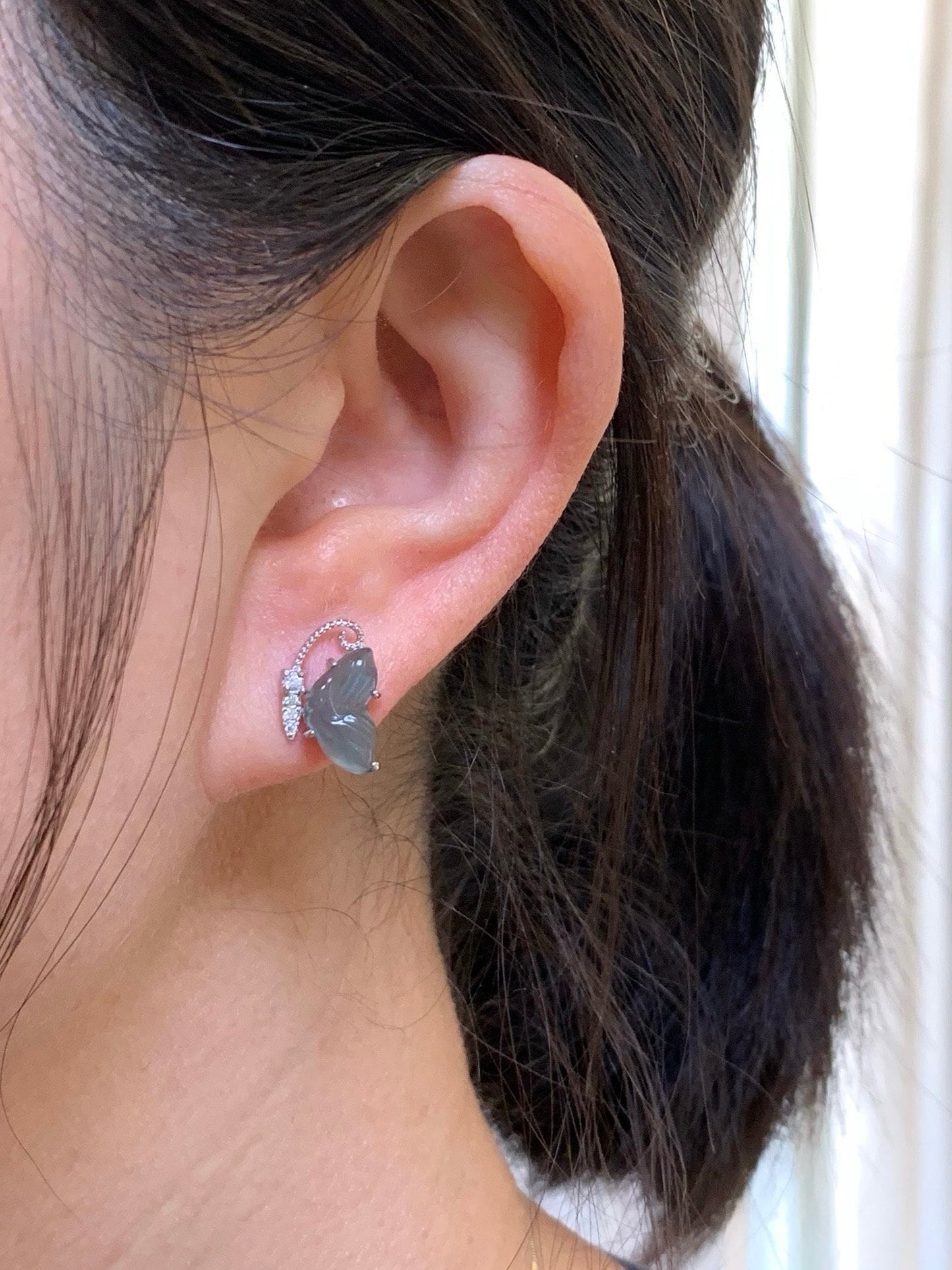 Natural Guatemalan Grade A Icy Translucent Dusty Teal Blue Jadeite Butterfly Style Stud Earrings S925 Sterling Silver 天然冰危蓝绿翡翠蝴蝶镶嵌耳钉
