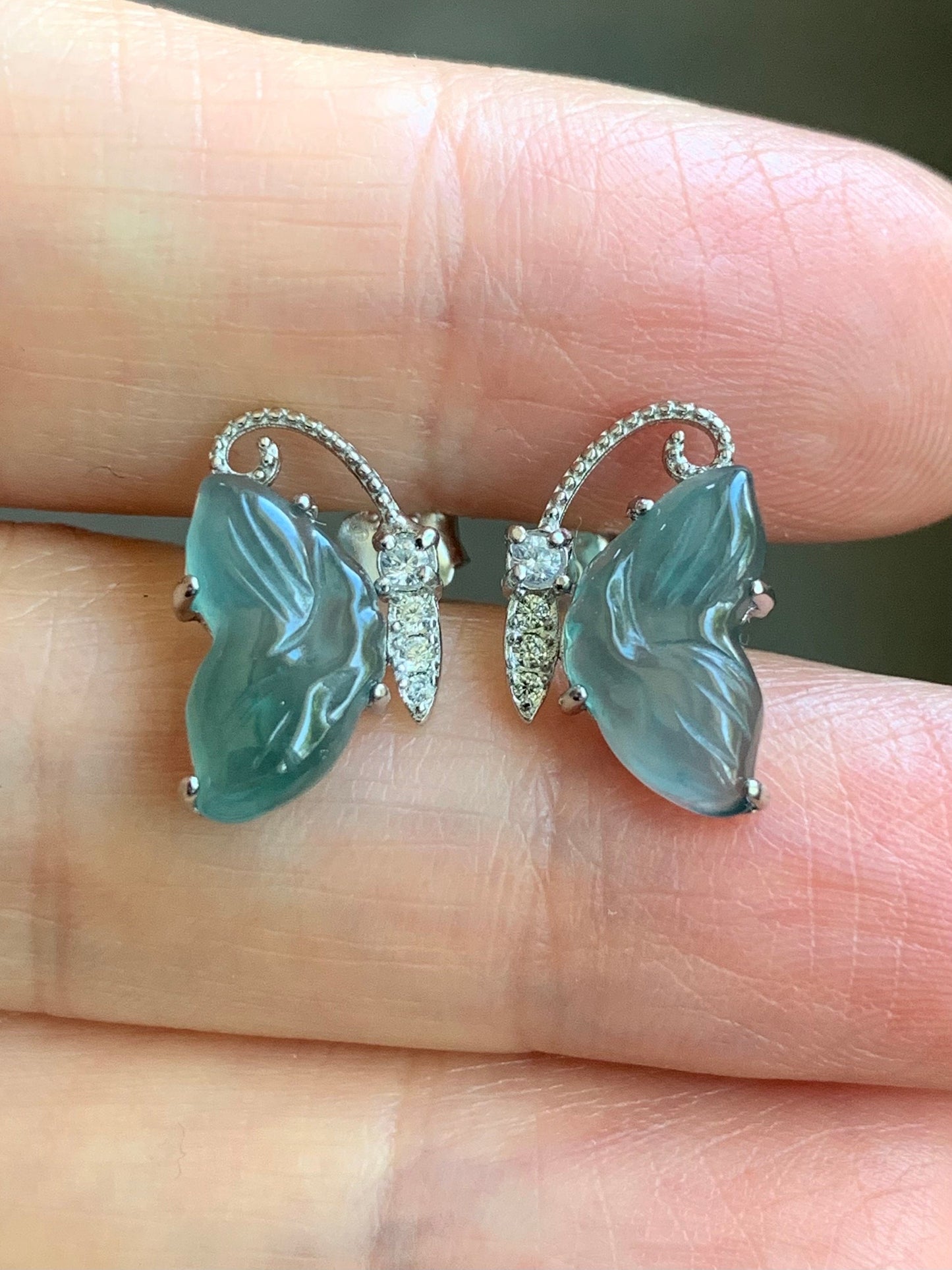 Natural Guatemalan Grade A Icy Translucent Dusty Teal Blue Jadeite Butterfly Style Stud Earrings S925 Sterling Silver 天然冰危蓝绿翡翠蝴蝶镶嵌耳钉