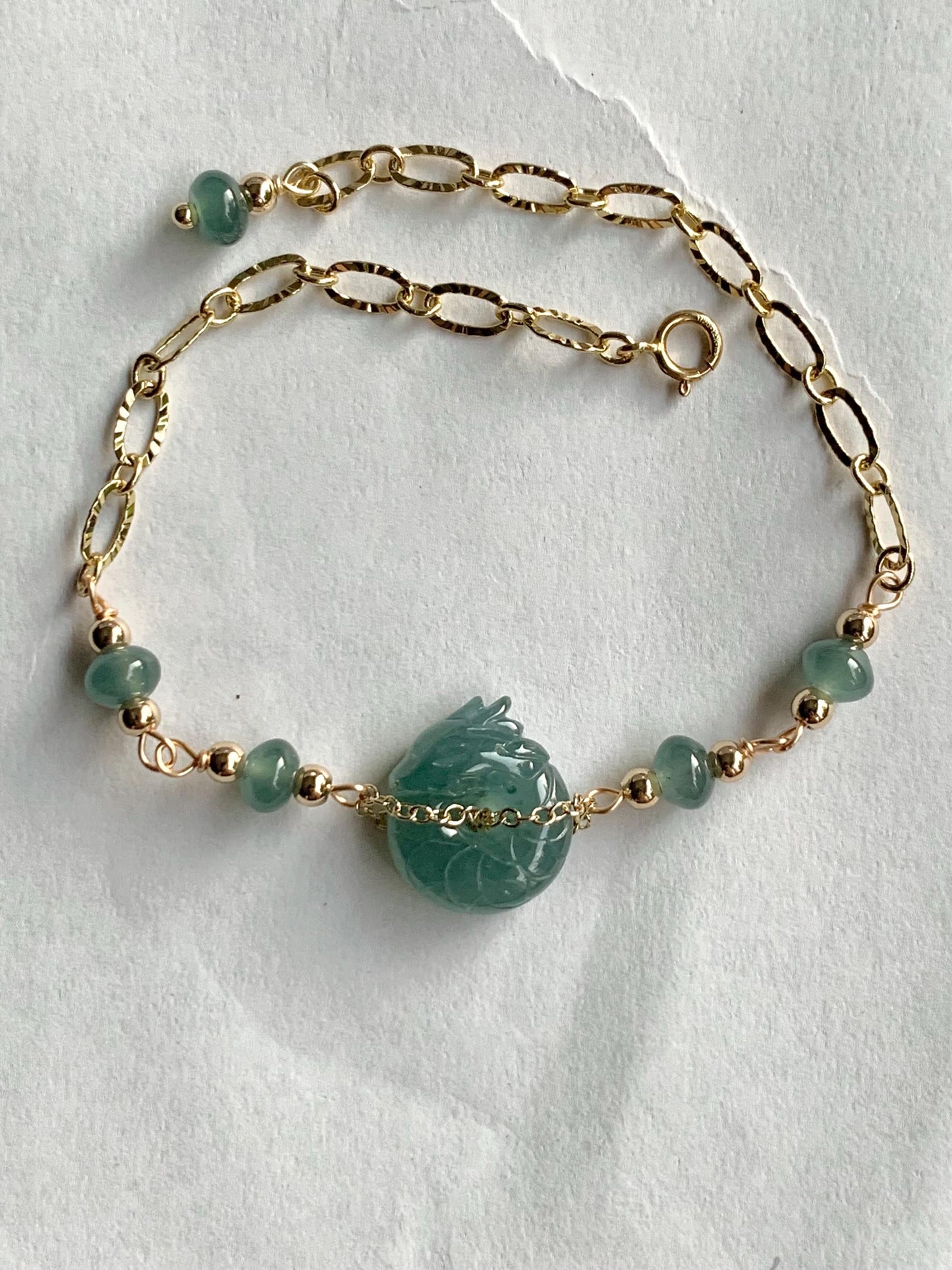 Natural Guatemalan Icy Translucent Teal Blue Jadeite Baby Dragon Ping An Kou Donut Bracelet 14K Gold Plated adjustable 天然冰危蓝翡翠龙宝宝平安扣14K包金手链