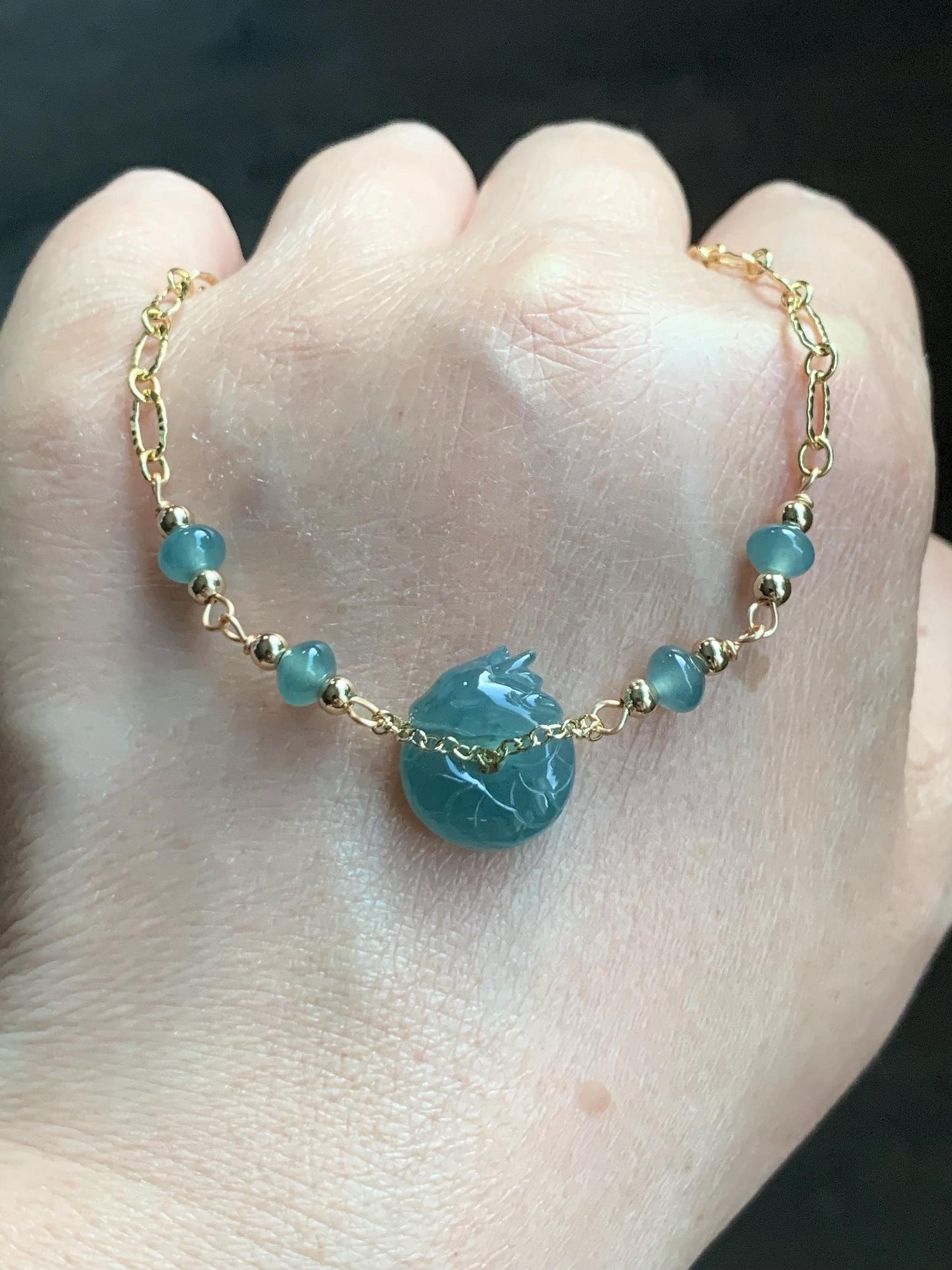 Natural Guatemalan Icy Translucent Teal Blue Jadeite Baby Dragon Ping An Kou Donut Bracelet 14K Gold Plated adjustable 天然冰危蓝翡翠龙宝宝平安扣14K包金手链