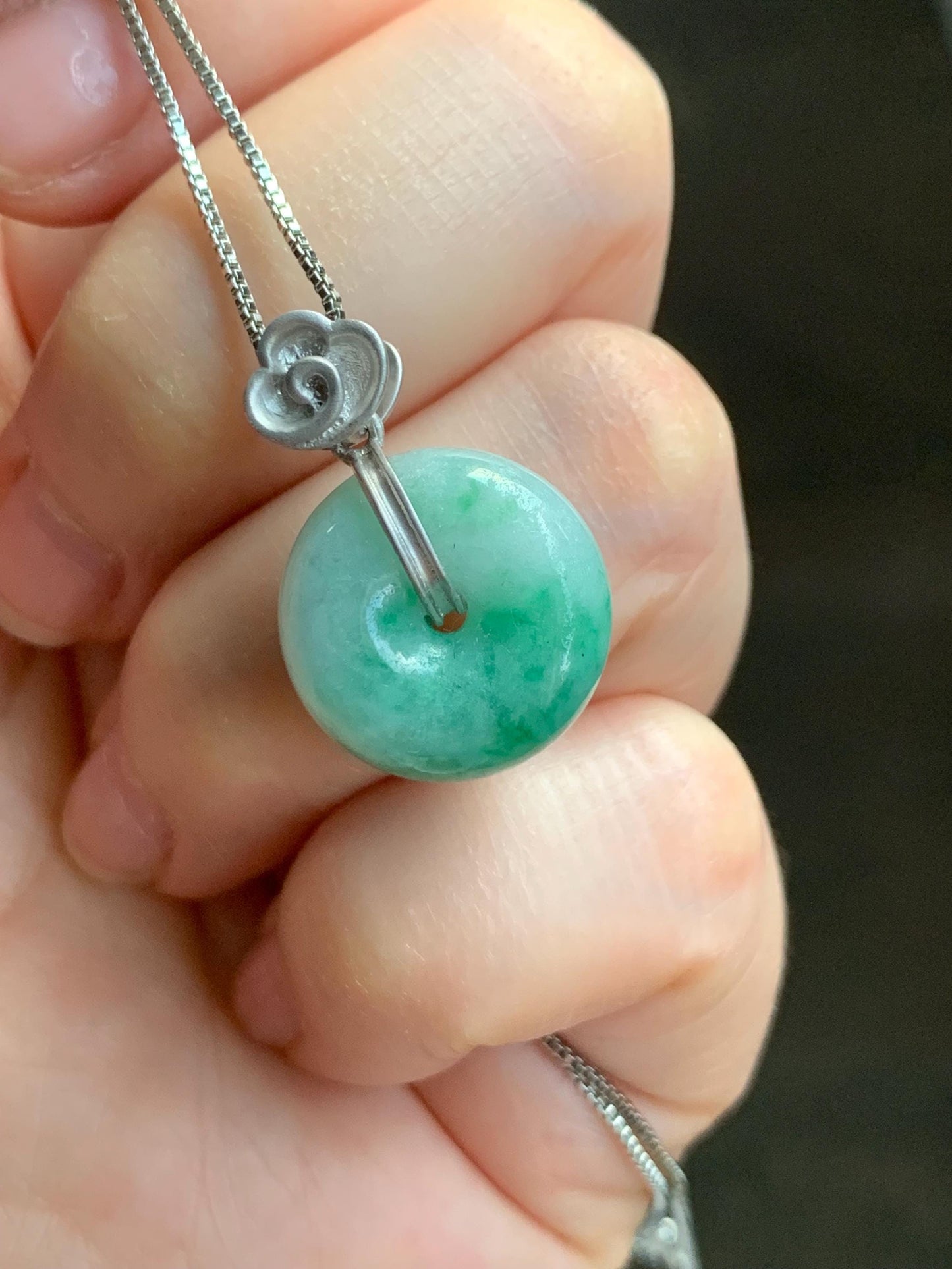 Certified Natural Burmese Translucent Green Marbled Jadeite Thick Ping An Kou Donut Pendant Custom Sterling Silver Bail 天然缅甸飘花翡翠肥扣平安扣吊坠 1669