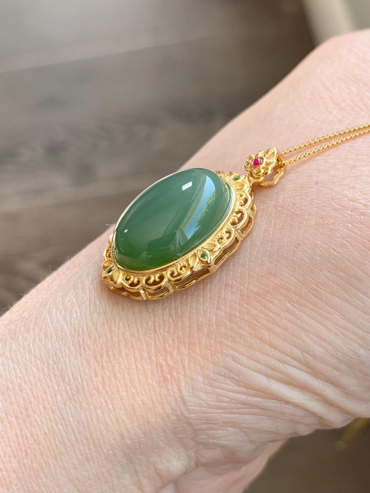 Natural Dark Spinach Green Nephrite Hetian Jade Oval Cabochon Pendant S925 Sterling Silver Yellow Gold Overlay 4g 天然和田玉碧玉吊坠银镶 B