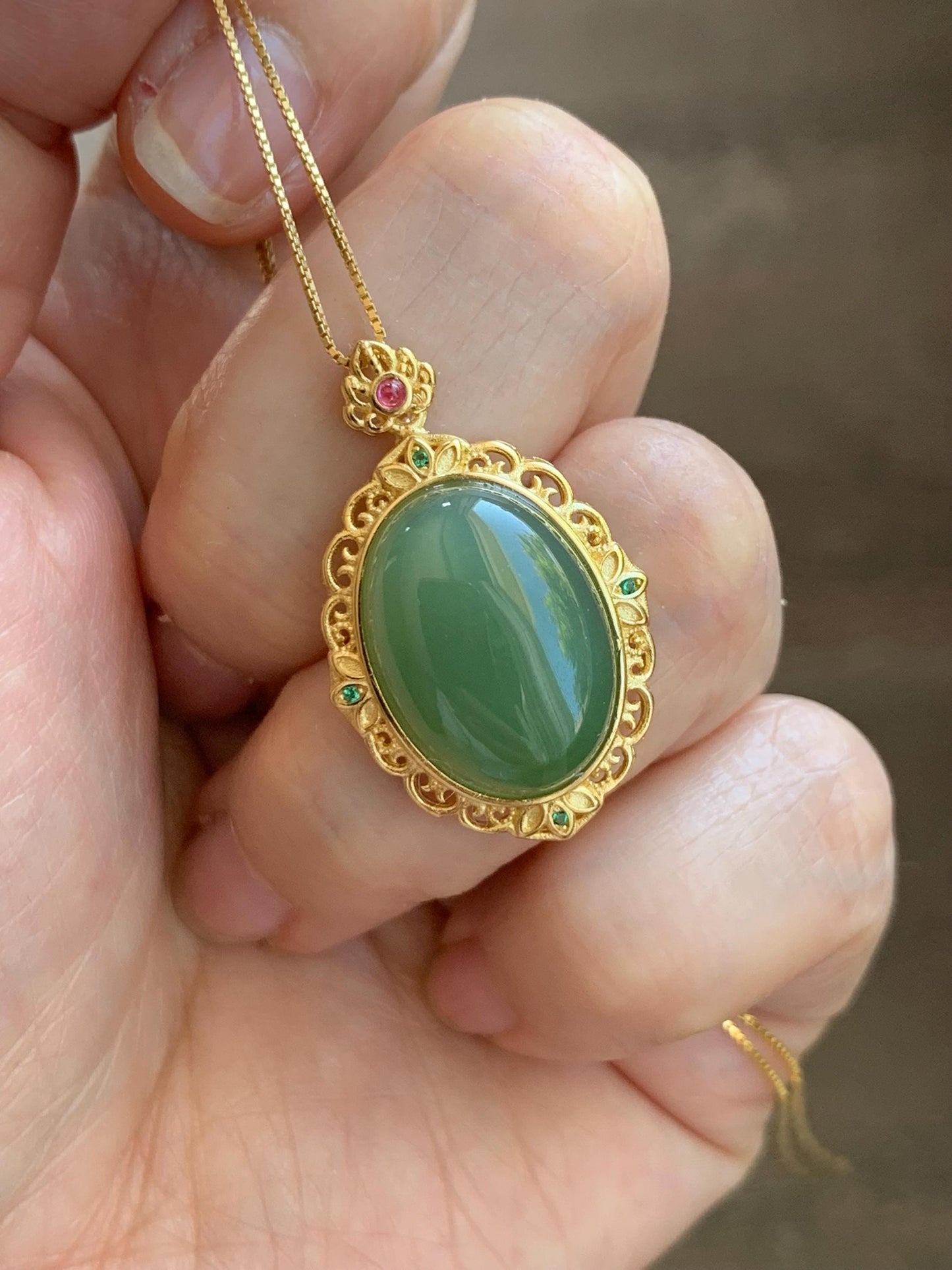 Natural Dark Spinach Green Nephrite Hetian Jade Oval Cabochon Pendant S925 Sterling Silver Yellow Gold Overlay 4g 天然和田玉碧玉吊坠银镶 B