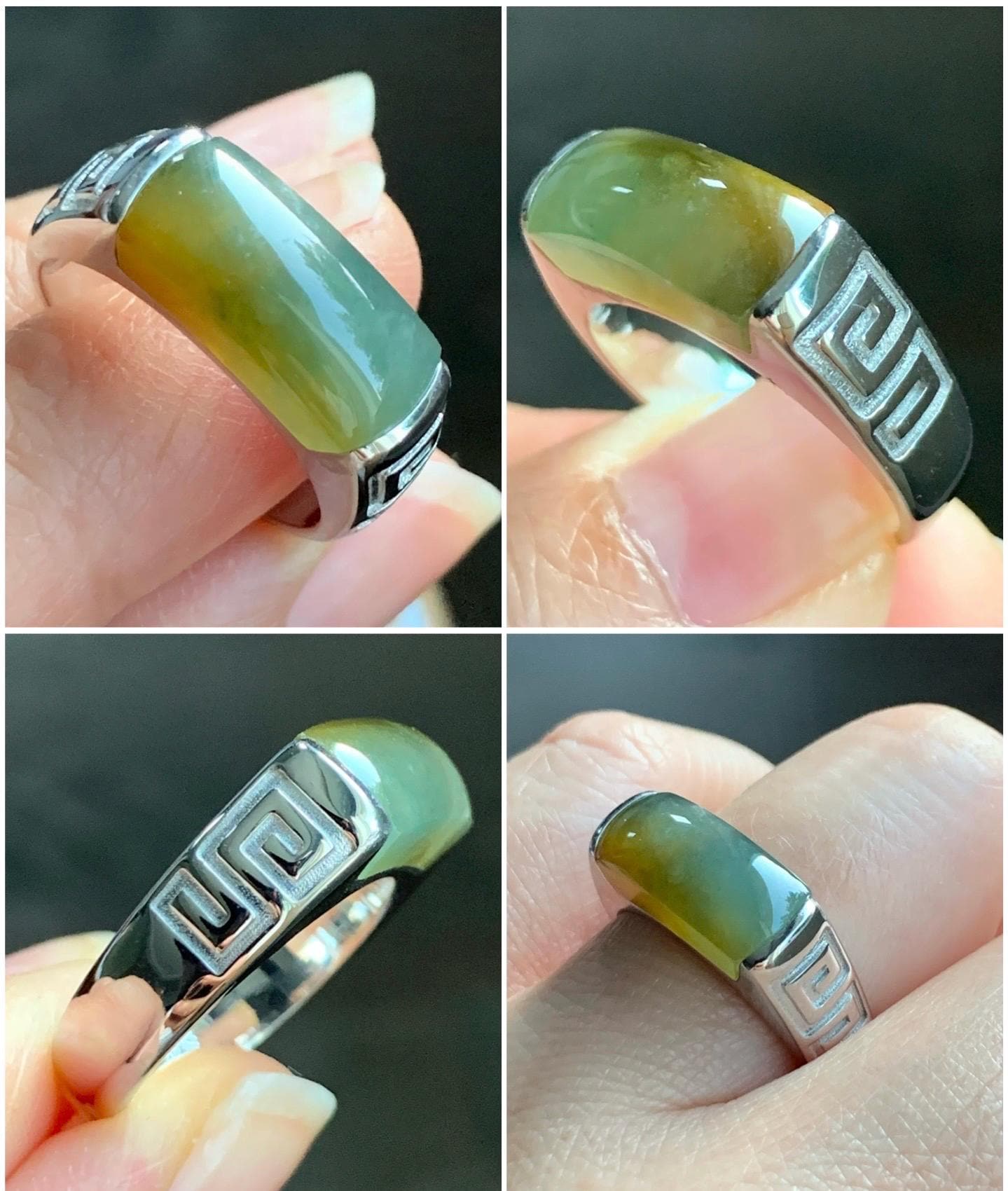 Certified Natural Guatemalan Dark Teal Blue & Yellow Marbled Jadeite Saddle Band Ring Size 7.25 Sterling Silver 8.48g 天然冰胶危蓝加黄翡翠马鞍银镶戒指 1462