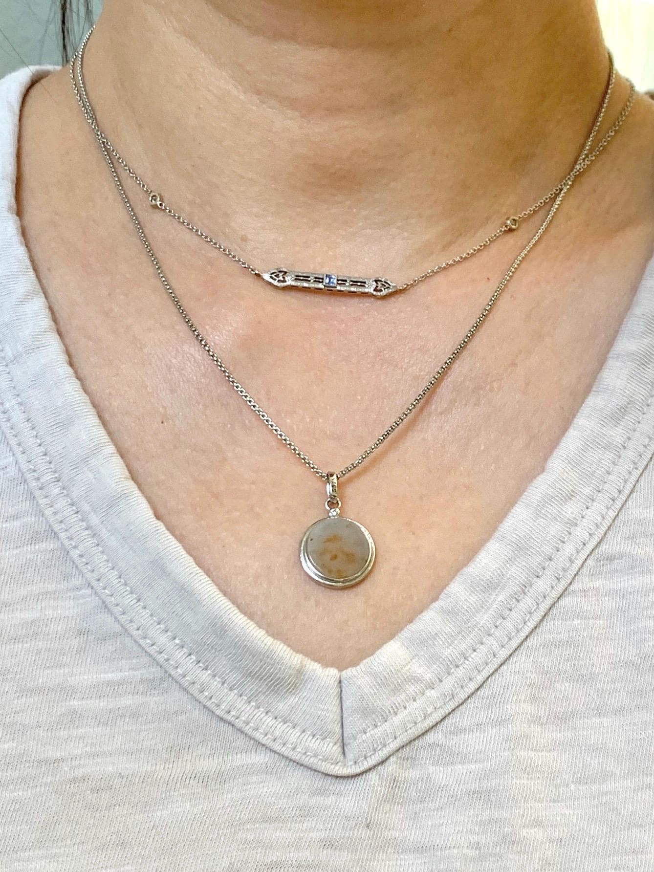 Petite Natural Burmese Icy Translation Light Blue Golden Marbled Jadeite Round Wu Shi Pai Pendant Sterling Silver 天然缅甸蓝底撒金翡翠小无事牌银镶吊坠