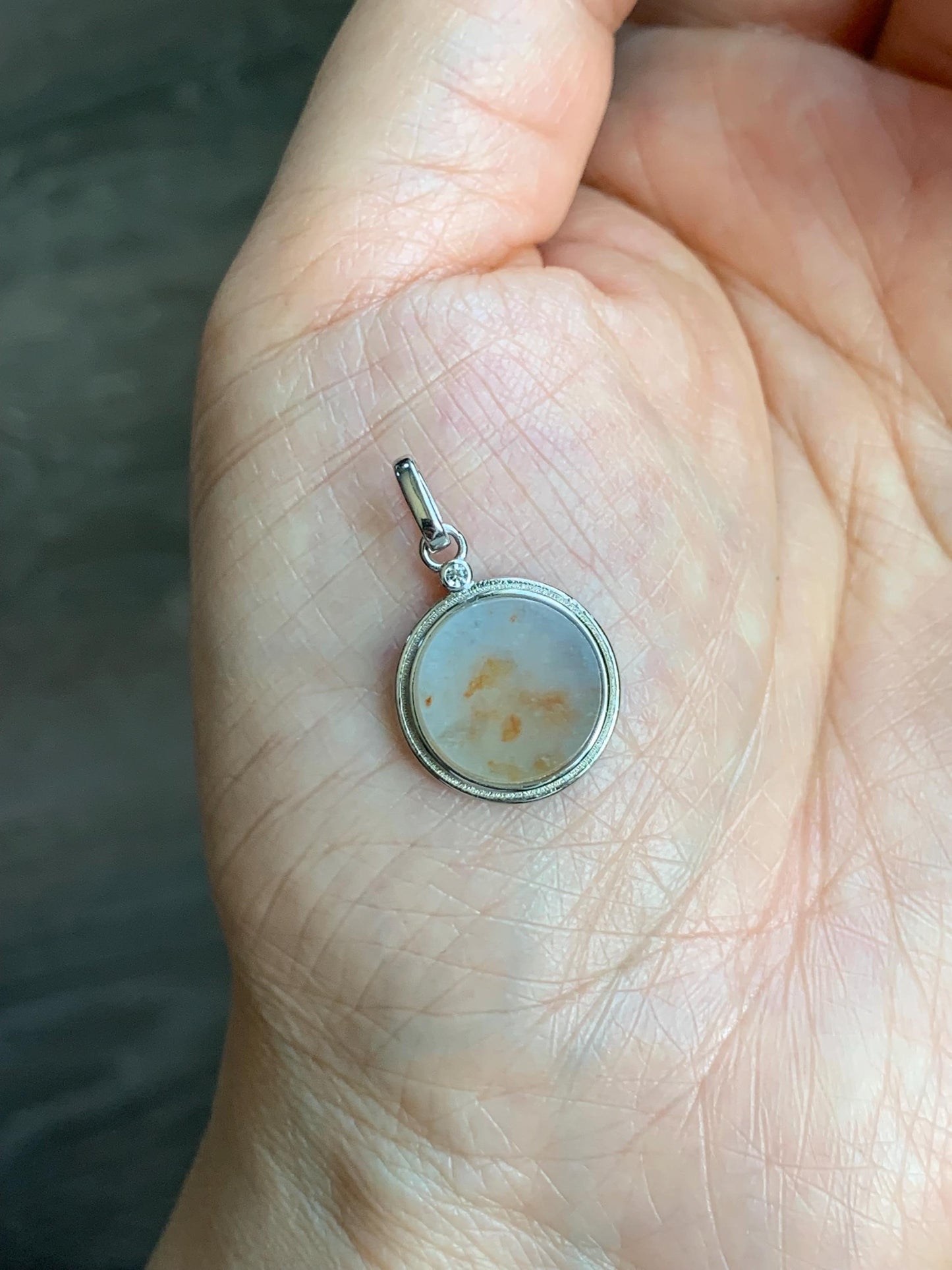Petite Natural Burmese Icy Translation Light Blue Golden Marbled Jadeite Round Wu Shi Pai Pendant Sterling Silver 天然缅甸蓝底撒金翡翠小无事牌银镶吊坠