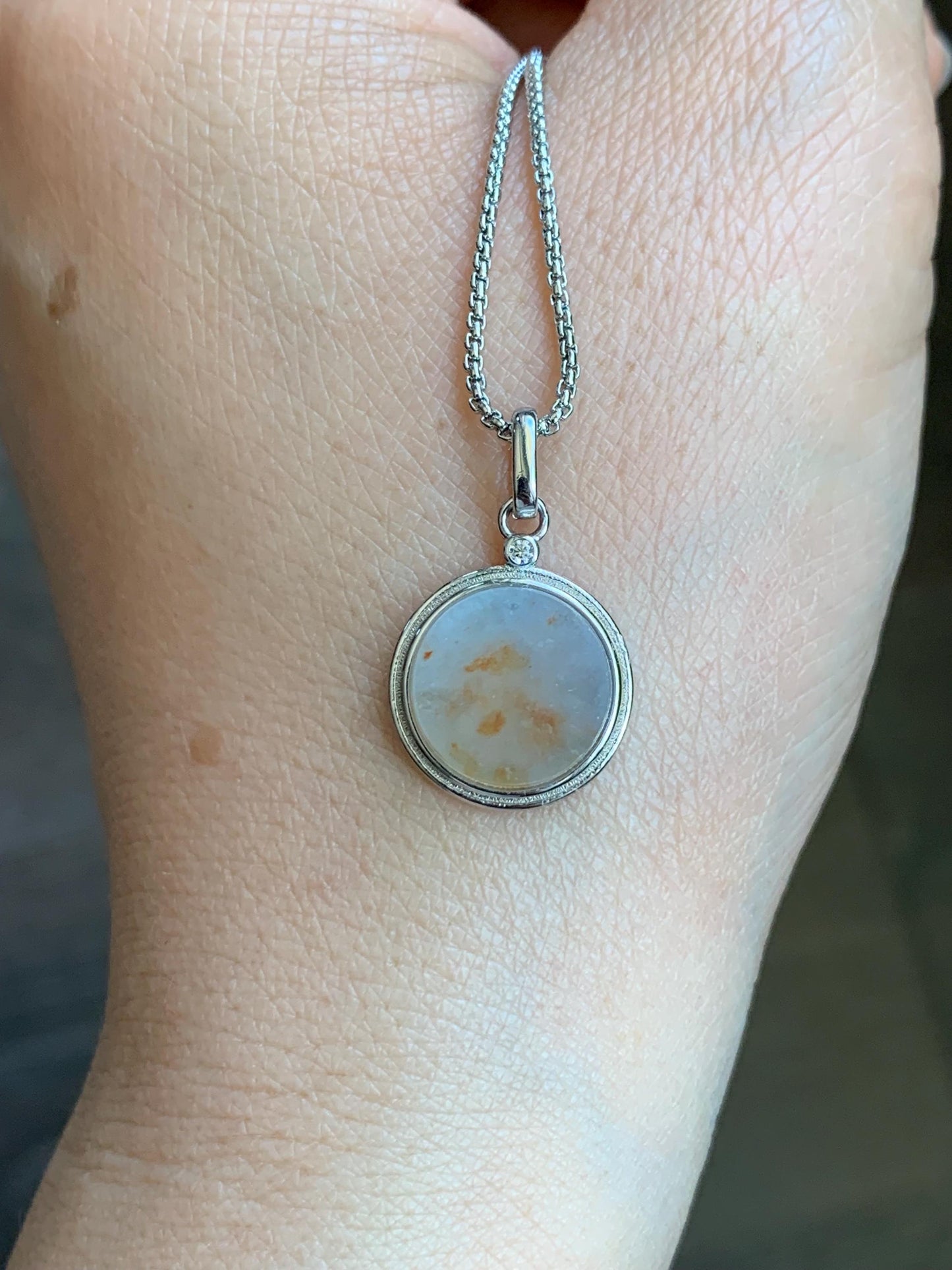 Petite Natural Burmese Icy Translation Light Blue Golden Marbled Jadeite Round Wu Shi Pai Pendant Sterling Silver 天然缅甸蓝底撒金翡翠小无事牌银镶吊坠