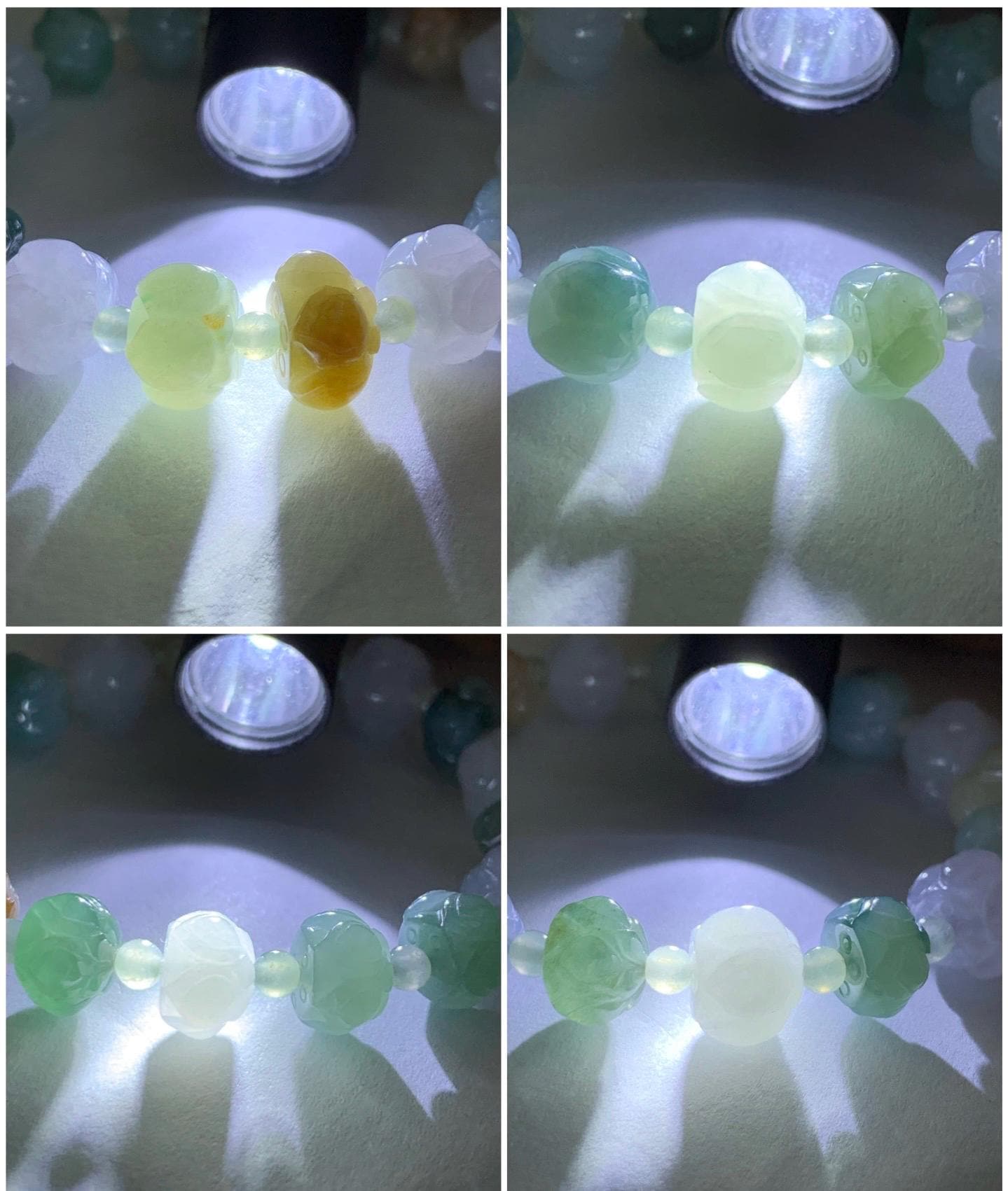 Natural Burmese Icy Translucent Gelatinous Multicolored Jadeite Carved Lotus Flower Beads Beaded Bracelet 7” 25g 天然缅甸冰胶多宝翡翠莲花珠手串 LHZDW