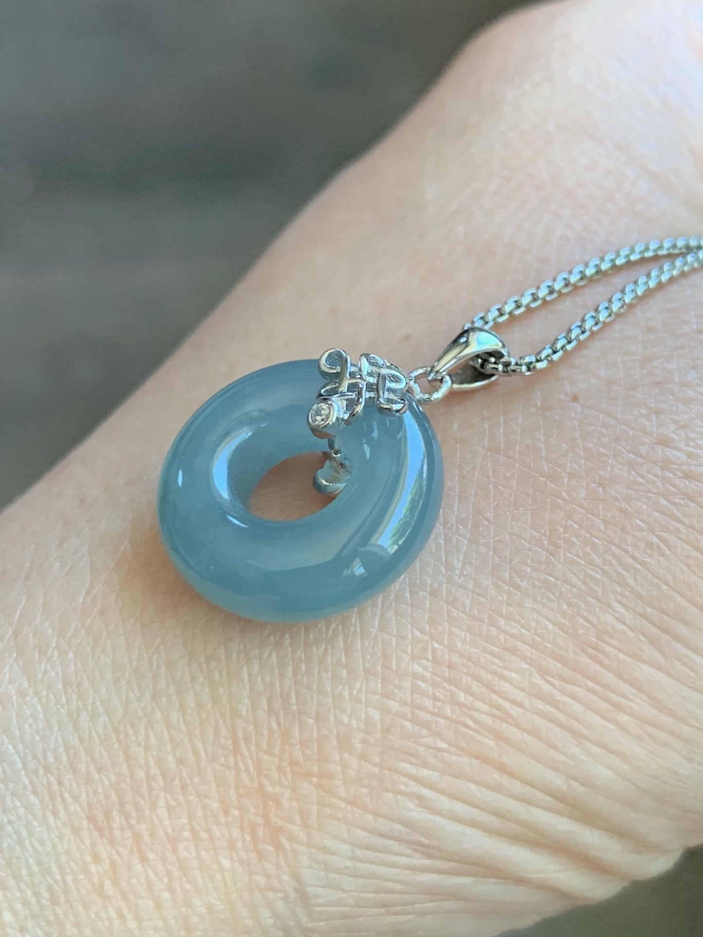 Natural Guatemalan Icy Translucent Gelatinous Light Dusty Blue Jadeite Ping An Kou Donut Pendant Silver Sterling 天然老种冰危淡蓝翡翠甜甜圈吊坠 TTQB27