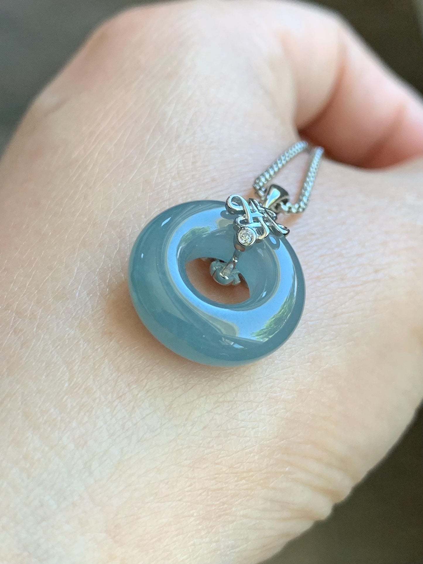 Natural Guatemalan Icy Translucent Gelatinous Light Dusty Blue Jadeite Ping An Kou Donut Pendant Silver Sterling 天然老种冰危淡蓝翡翠甜甜圈吊坠 TTQB27