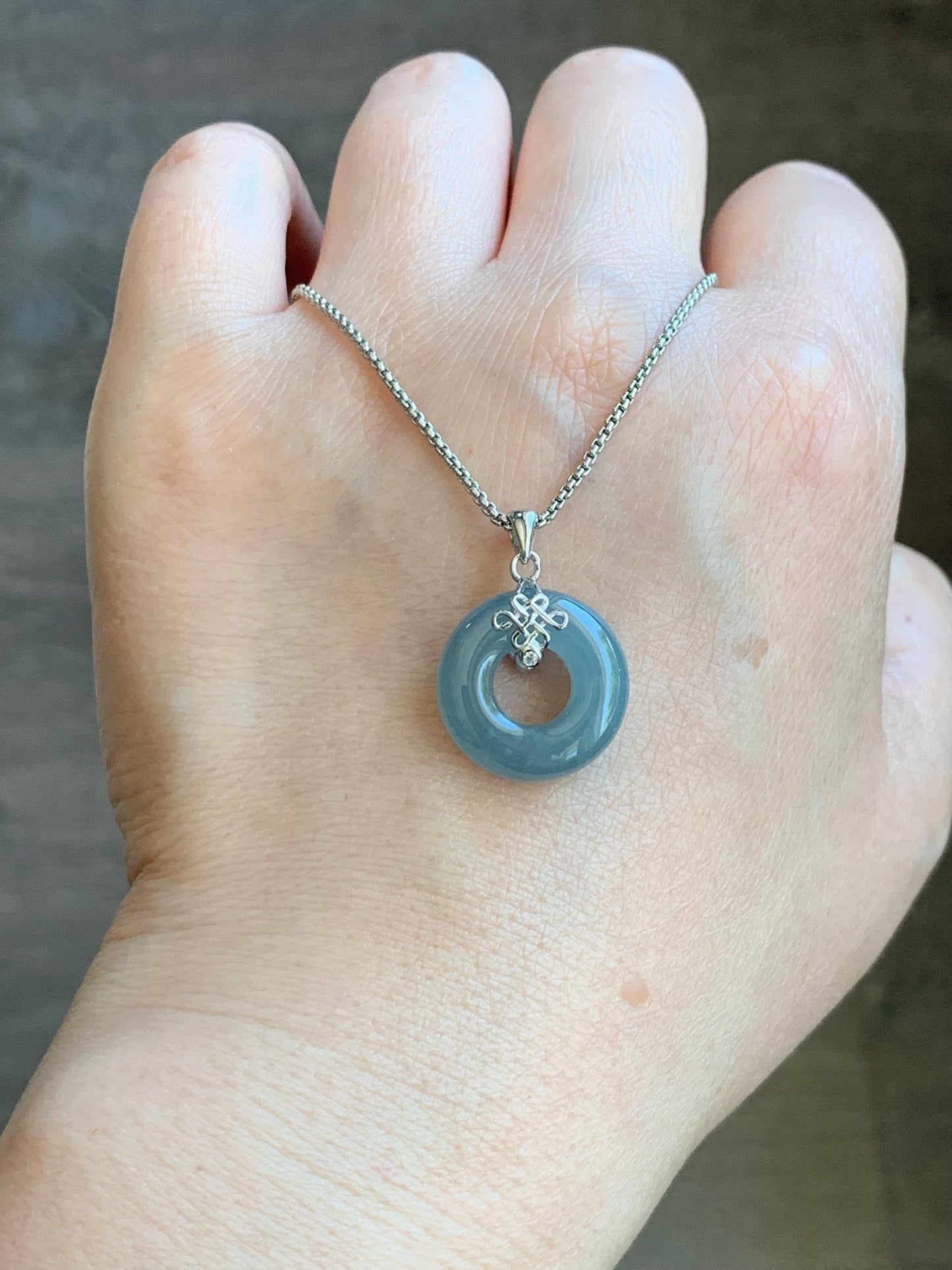 Natural Guatemalan Icy Translucent Gelatinous Light Dusty Blue Jadeite Ping An Kou Donut Pendant Silver Sterling 天然老种冰危淡蓝翡翠甜甜圈吊坠 TTQB27