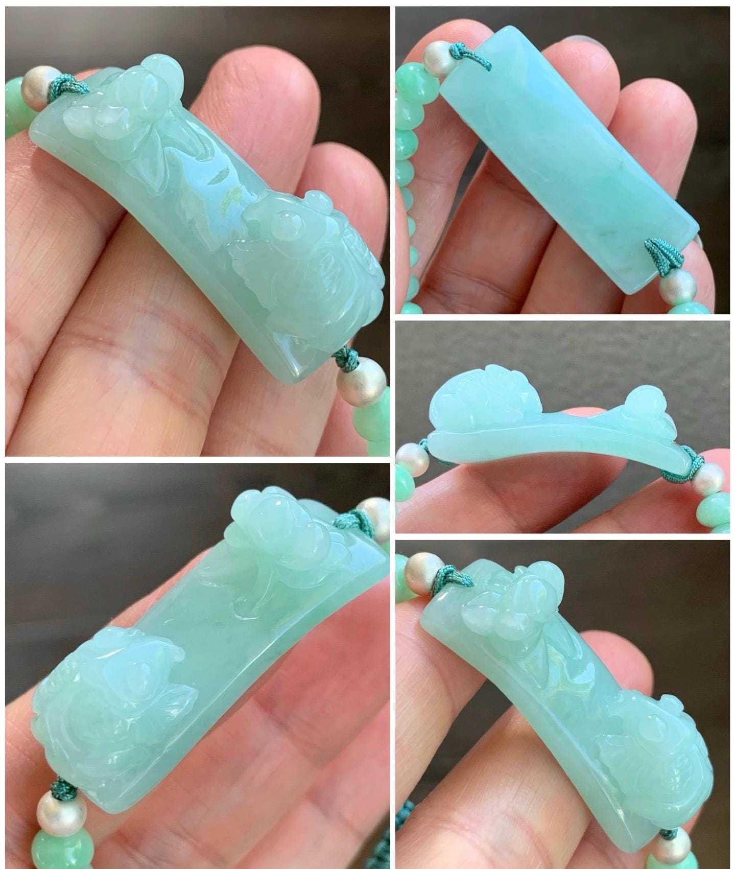 Natural Burmese Translucent Light Apple Green Jadeite Lotus Flower & Fish Cuff Jadeite Drum Beads Beaded Bracelet 6.75” 天然缅甸淡果绿翡翠荷花鱼手牌手串