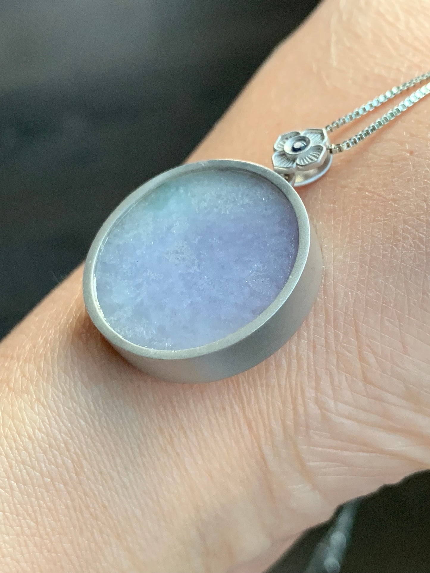 Certified Natural Burmese Grade A Untreated Light Purple Jadeite Pendant Sterling Silver w/ Blue Sapphire 8.42g 天然缅甸淡紫翡翠无事牌蓝宝石银镶吊坠 1666