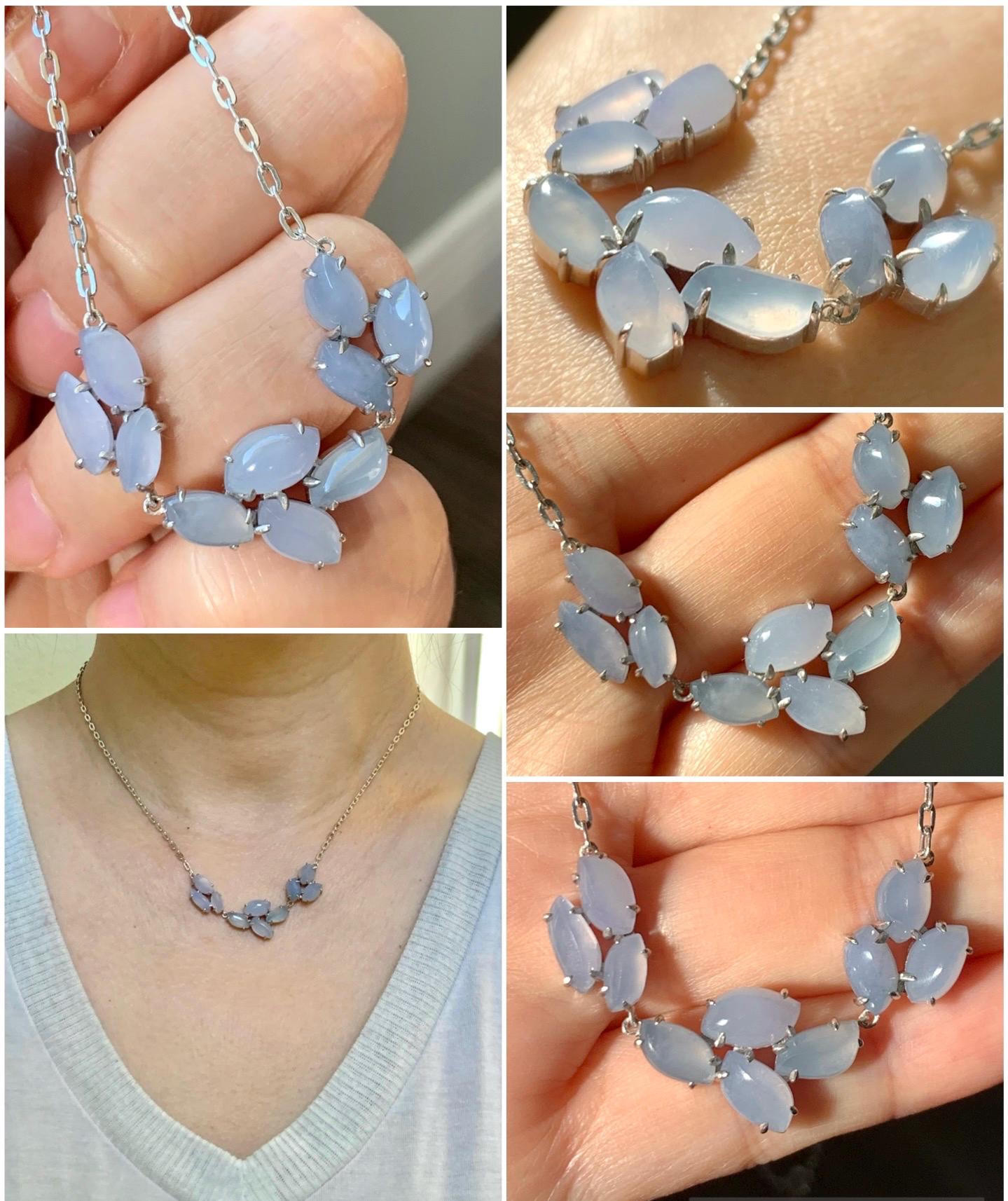 Certified Natural Burmese Icy Translucent Gelatinous Light Purple Jadeite Cluster Necklace Sterling Silver 16.5”-17.5” 天然缅甸冰胶淡紫翡翠马眼锁骨链 8623