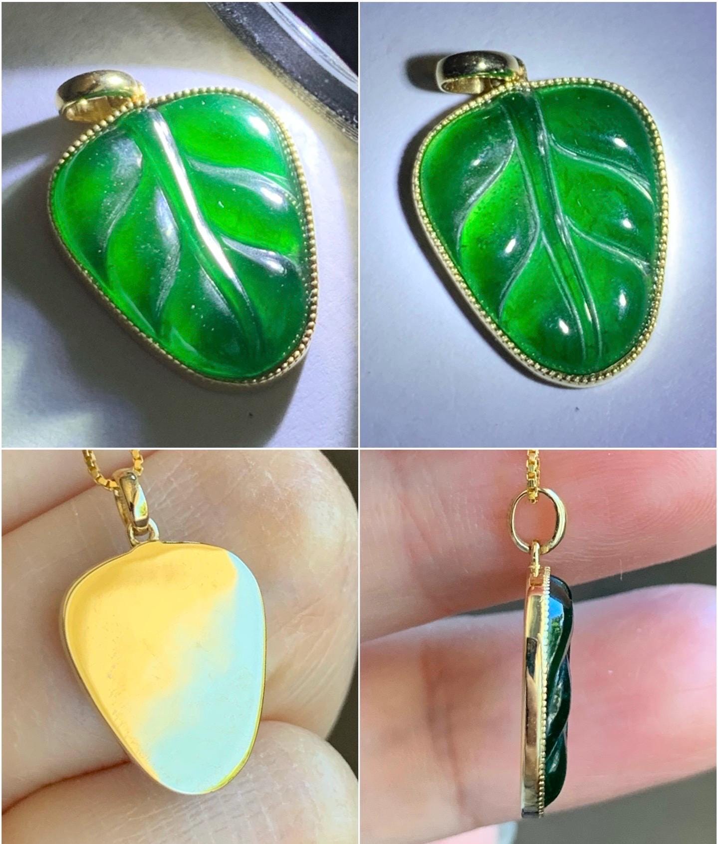 Certified Natural Guatemalan Premium Icy Translucent Vibrant Green Jadeite Petite Carved Leaf Pendant 18K Yellow Gold 1.6g 天然冰危绿翡翠叶子镶嵌吊坠 626