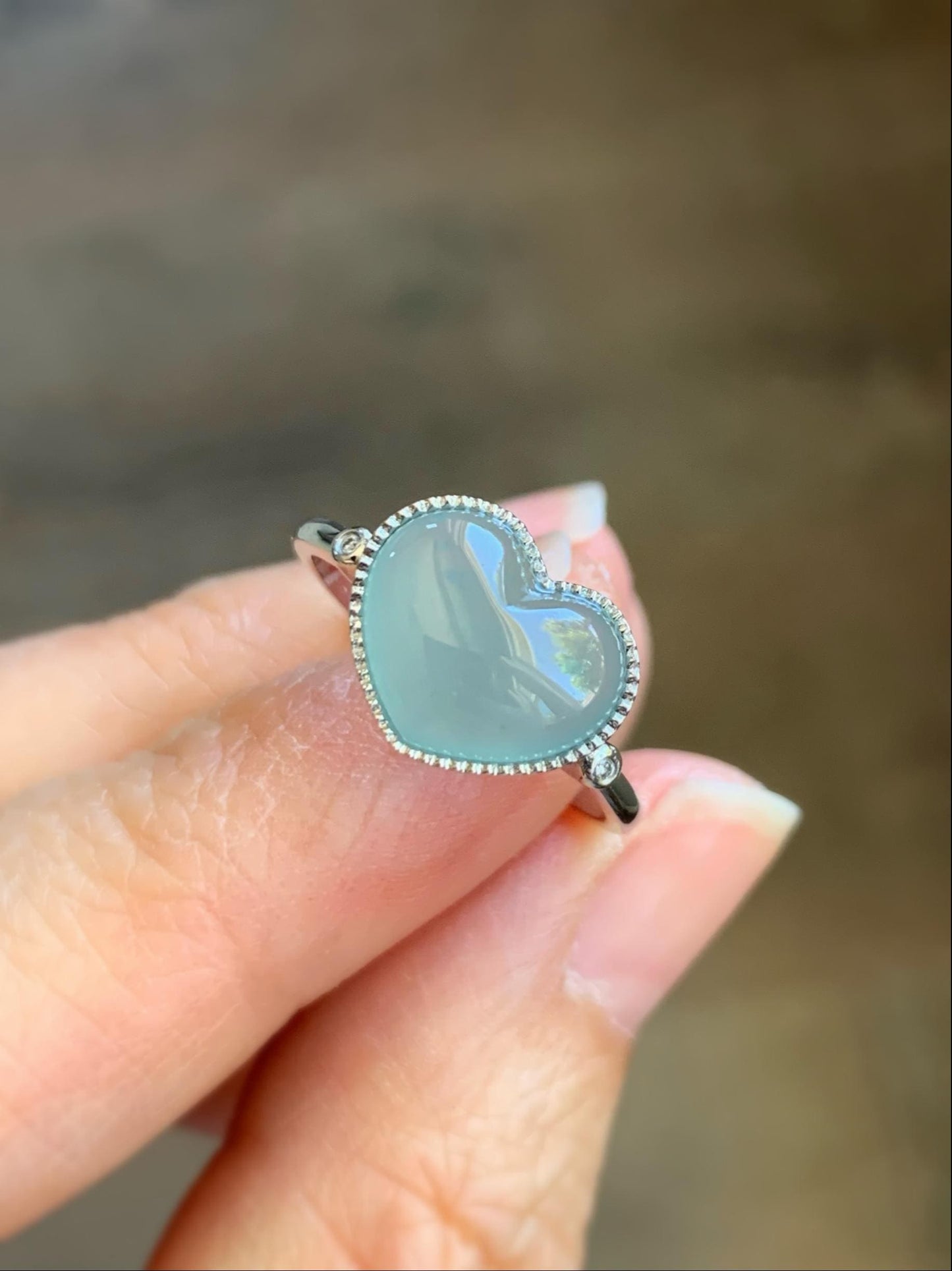 Certified Natural Burmese Icy Translucent Light Blue Jadeite Heart Ring 18K White Gold Natural Diamonds sz 7.25 2.74g 天然缅甸冰胶淡蓝翡翠爱心镶嵌戒指 8602